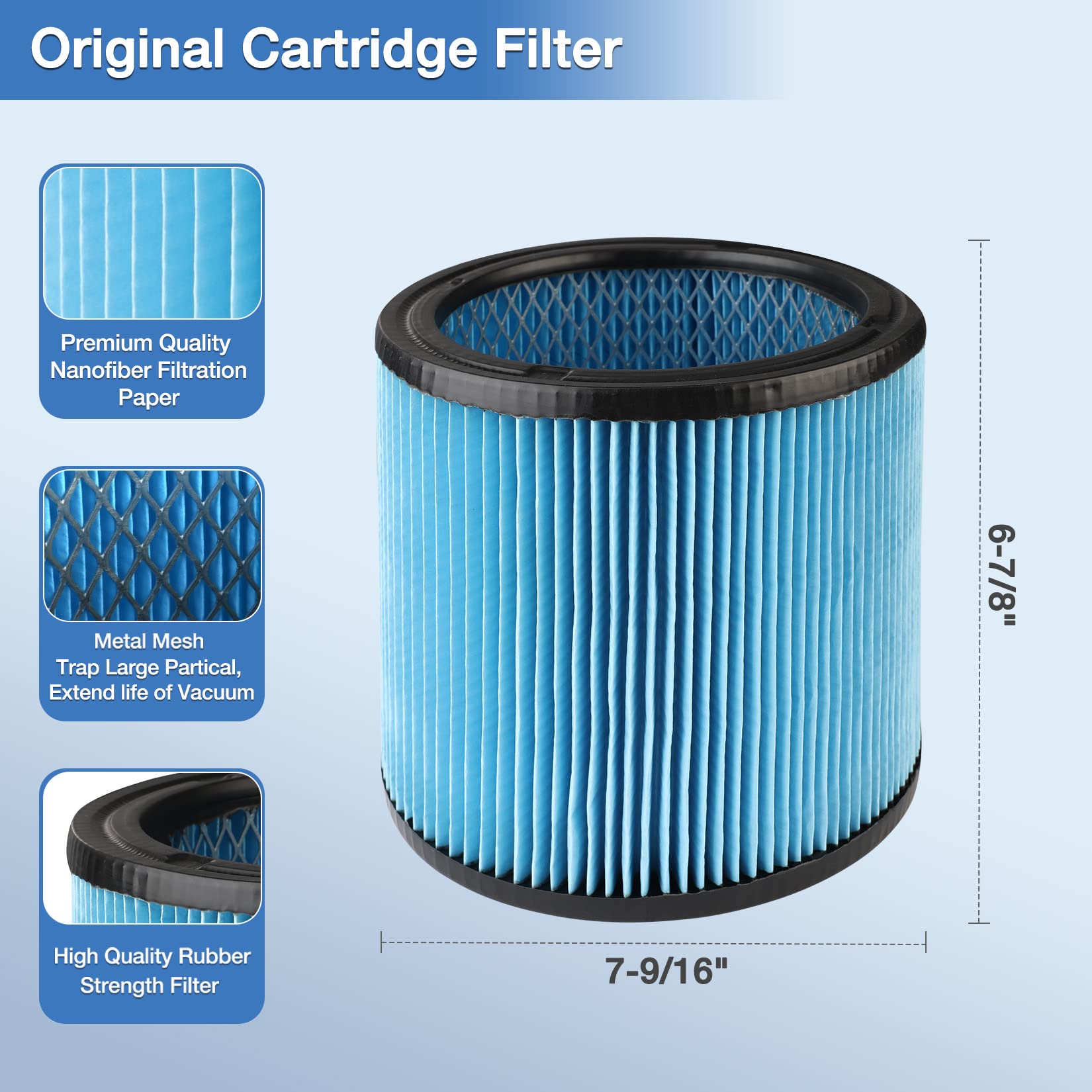 Shop-Vac High Performance 90350/90304/90344 Cartridge Filter, Fits most 4-16 Gallon Shop-Vac Wet/Dry Vacuums, High Efficiency Nanofiber Filtration Paper, Reusable, 1 Pack