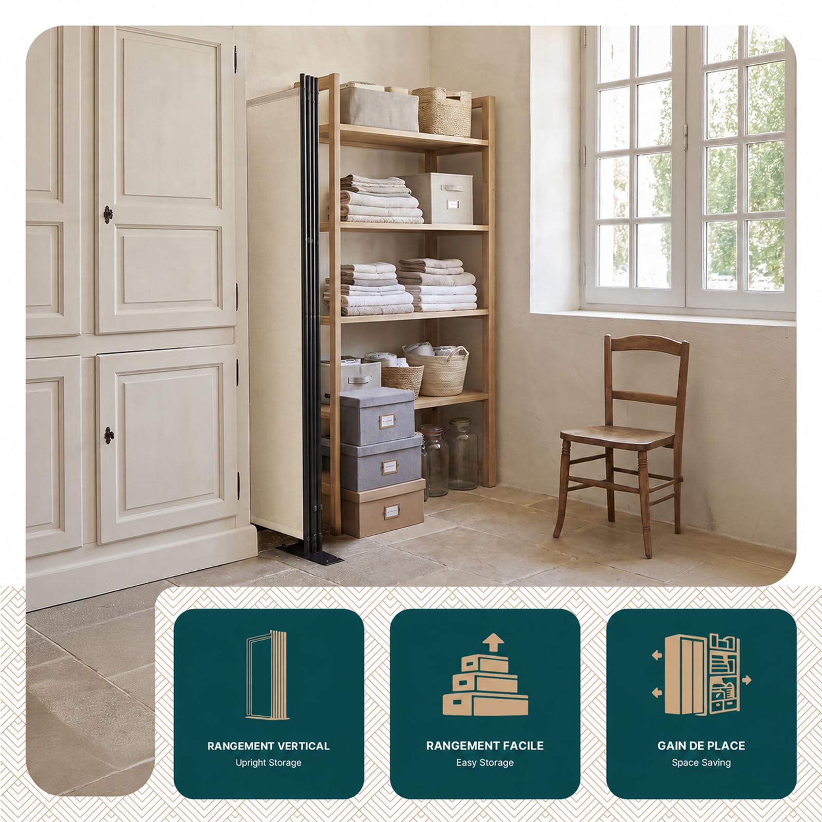 VOUNOT® Separe Divisorio Interno a 3 Pannelli in Metallo, Paravento Pieghevole Autoportante Privacy per Salotto, Camera da Letto e Ufficio, 262 x 30 x 173 cm, Beige