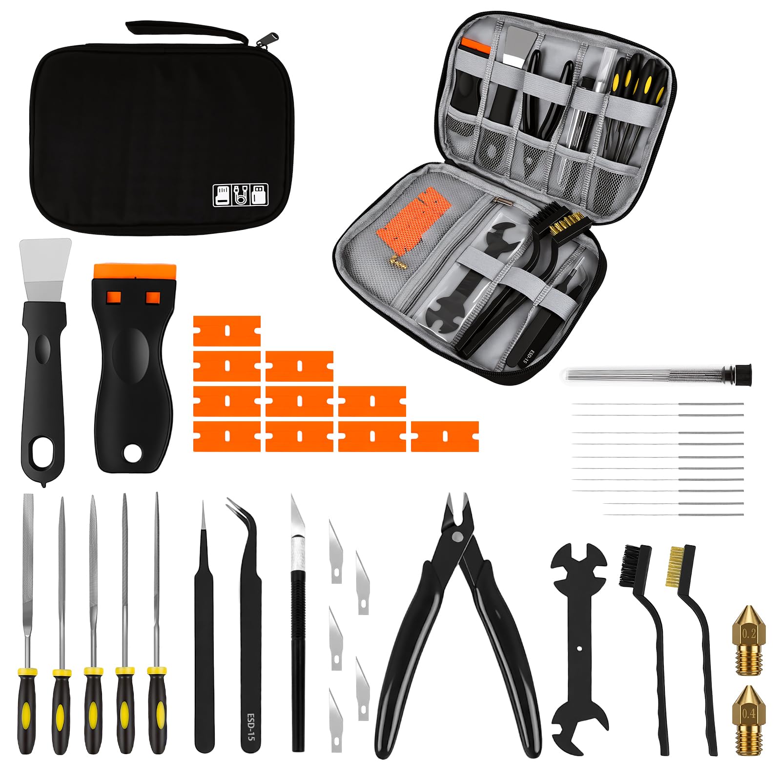 43 Pieces 3D Printer Tools Kit, 3D Printer Accessories for FDM/SLA Printers Starter Tool Set with Storage Bag Includes Nozzle Cleaning Kit, Scrapers, Finishing Tools, Files, Brushes, Wire Cutter