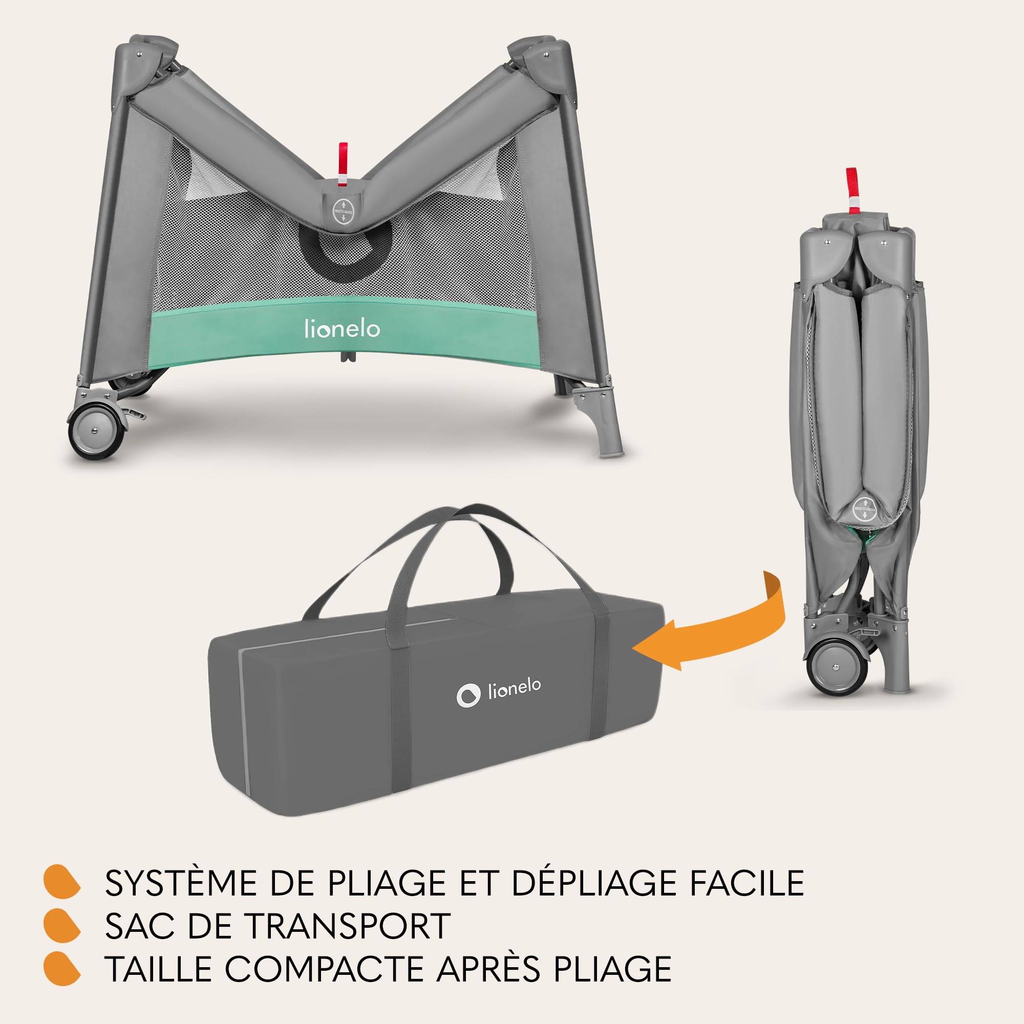 lionelo  Mille Lit de Voyage et Parc Bébé 100x100 cm jusqu'à 15 kg 0-36 Mois, Entrée Latérale Zippée, Matelas, roulettes Freinées, Pliage Facile, Sac de Transport