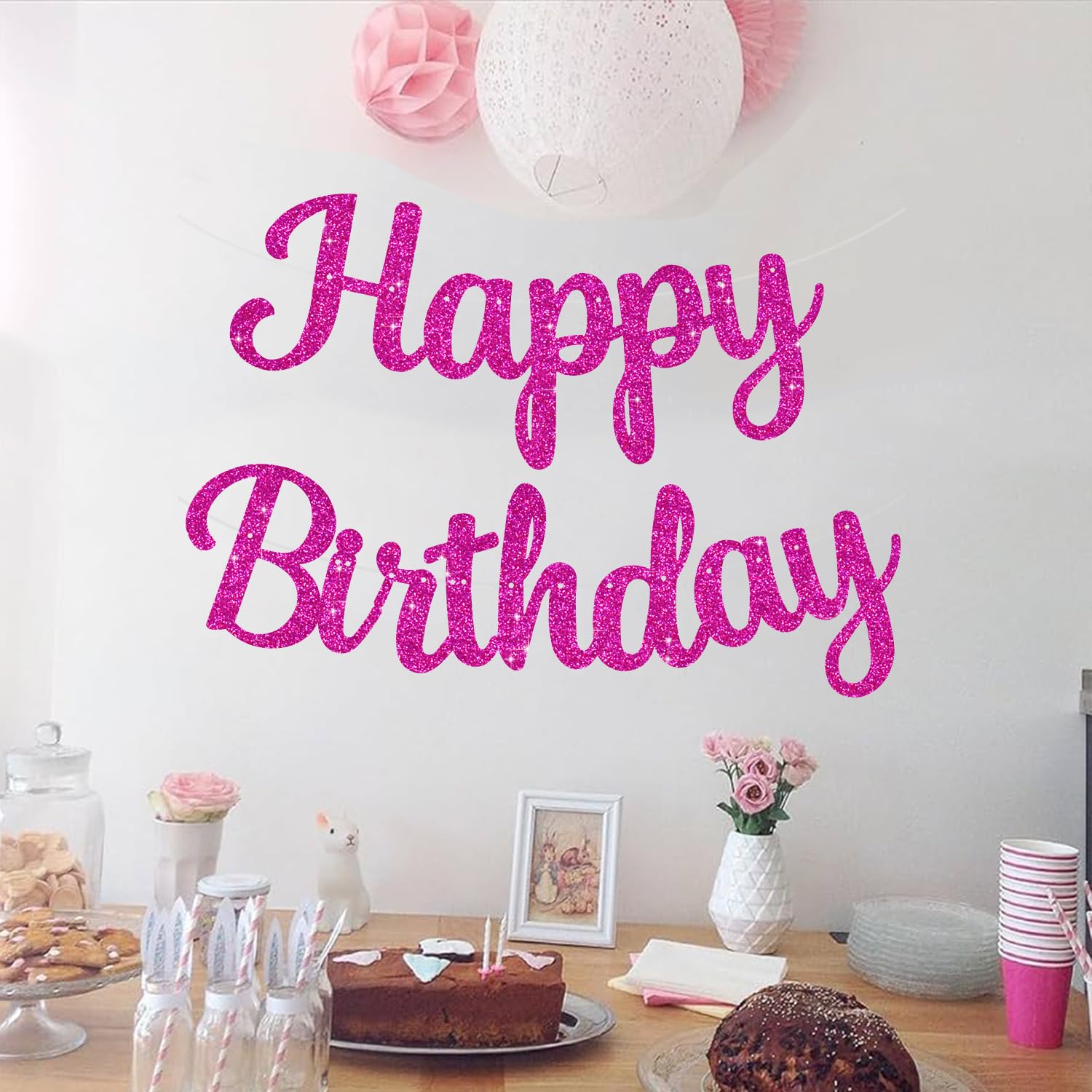 Glitter Happy Birthday Banner - 10Ft Pre-Strung NO DIY Backdrop Sign Garland Decorations