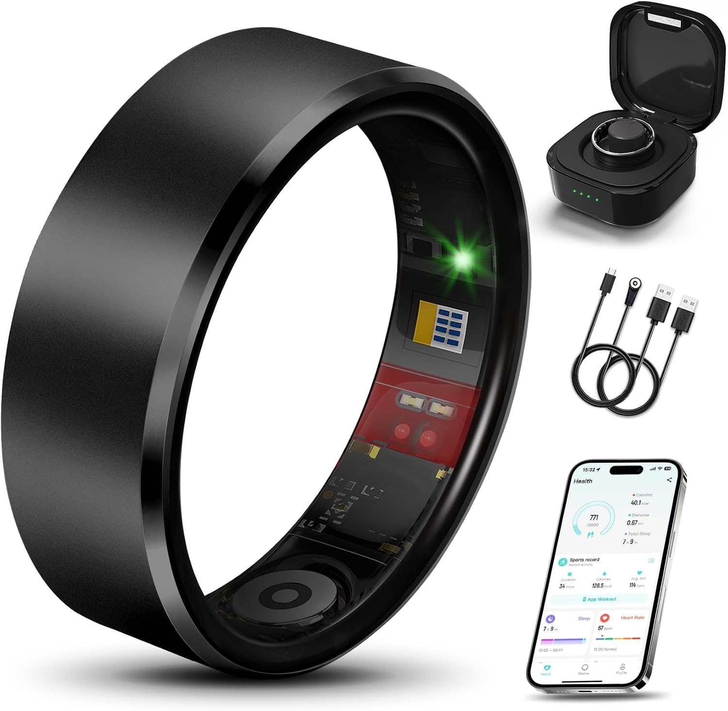 Smart Health Ring Fitness Tracker for Men Women, New Black 8 | Sleep, Stress & Activity Monitoring, IP68 Waterproof, Long-Lasting Battery, No Subscription Fees, Works with iOS & Android