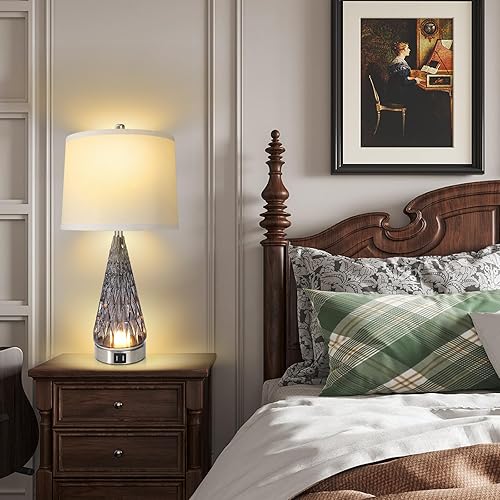 Miniatura 7 de Juego de 2 lámparas de mesa para sala de estar, lámpara de noche de cristal moderna con puertos USB, lámparas de mesita de noche regulables de 4