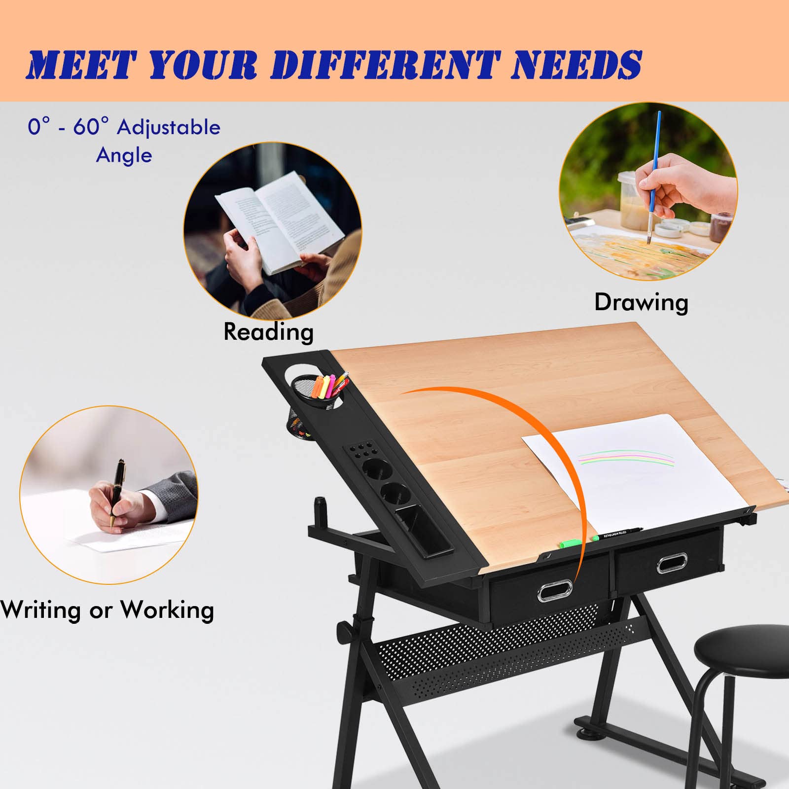 LIFEZEAL Set Tavolo da Disegno e Sgabello, Scrivania e Sedia, Piano Inclinabile, Regolabile in Altezza, 2 Cassetti, in Legno+Metallo, Principiante, Studente, Pittore, Studio, Liceo Artistico (marrone)