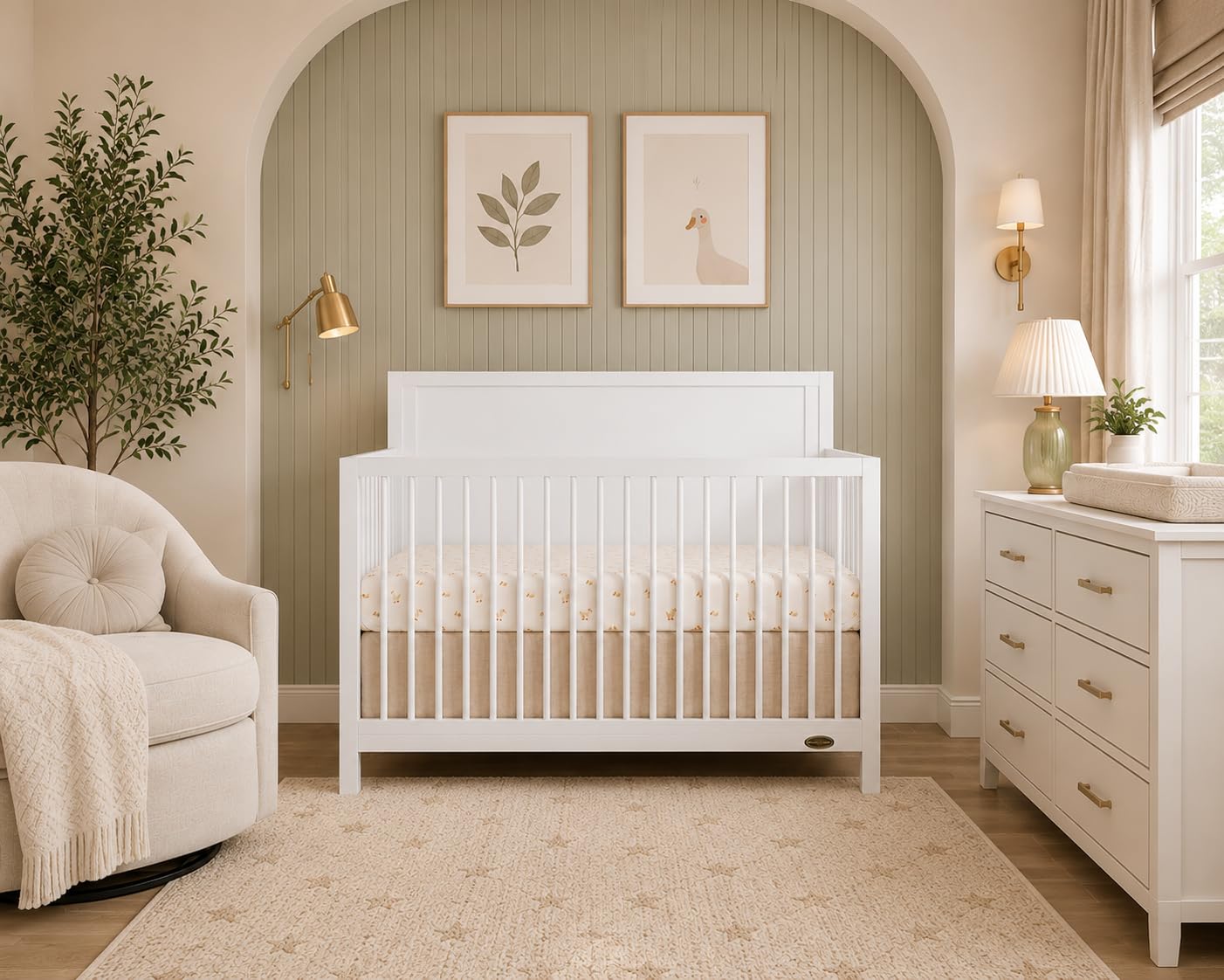 Photo 1 of Dream On Me Dillian 5-in-1 Convertible Full-Size Baby Crib in White, GreenGuard Gold & JPMA, Converts to Toddler, Day & Full-Size Bed 3 Mattress Heights, Sustainable Pinewood