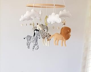 Africa Animals Baby Mobile, Zoo Animals Crib Mobile Felt, Neutral Nursery Safari Cot Mobile,Baby Mobile Gift For Girl Boy, Gold star Mobile