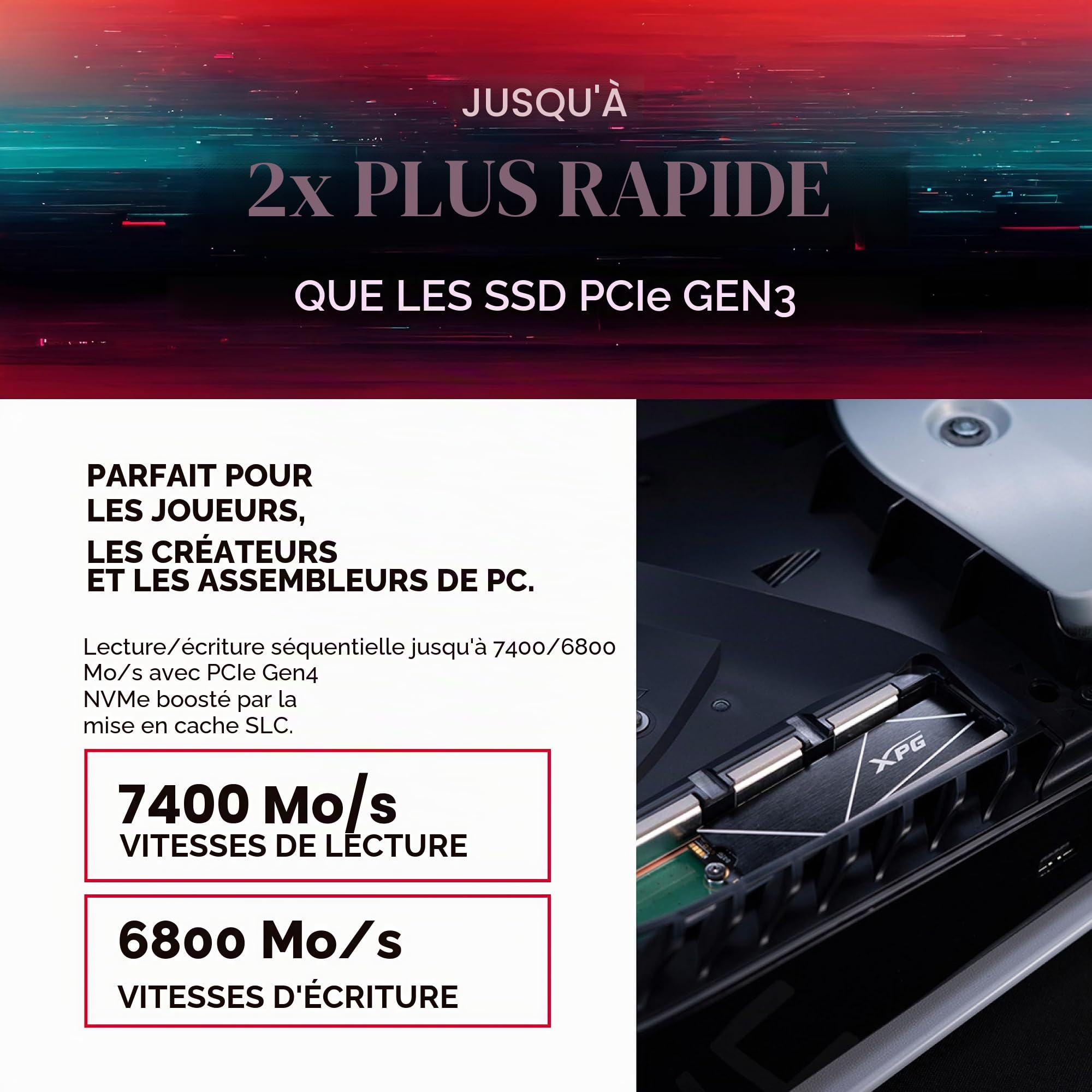 ADATA XPG GAMMIX S70 Blade 2 to PCIe Gen4x4 M.2 2280 SSD Noir-Distributeur de Chaleur- Traitement Graphique 3D et Jeux Haut de Gamme