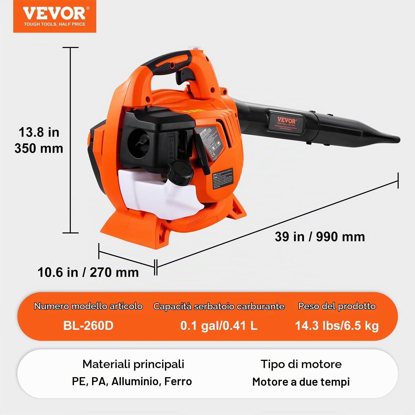 VEVOR Soffiatore per foglie a gas, Spazzaneve portatile 26 CC, Serbatoio carburante a 2 tempi, Volume d'aria 425 CFM, Velocità 95 MPH per cura del prato, Pulizia delle foglie, rimozione neve