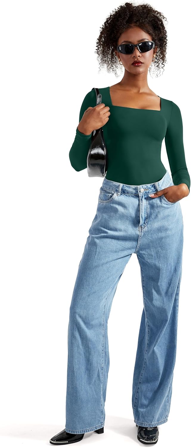 SUUKSESS Women Square Neck Long Sleeve Bodysuit Sexy Thong Bodysuit Shirts - Image 3