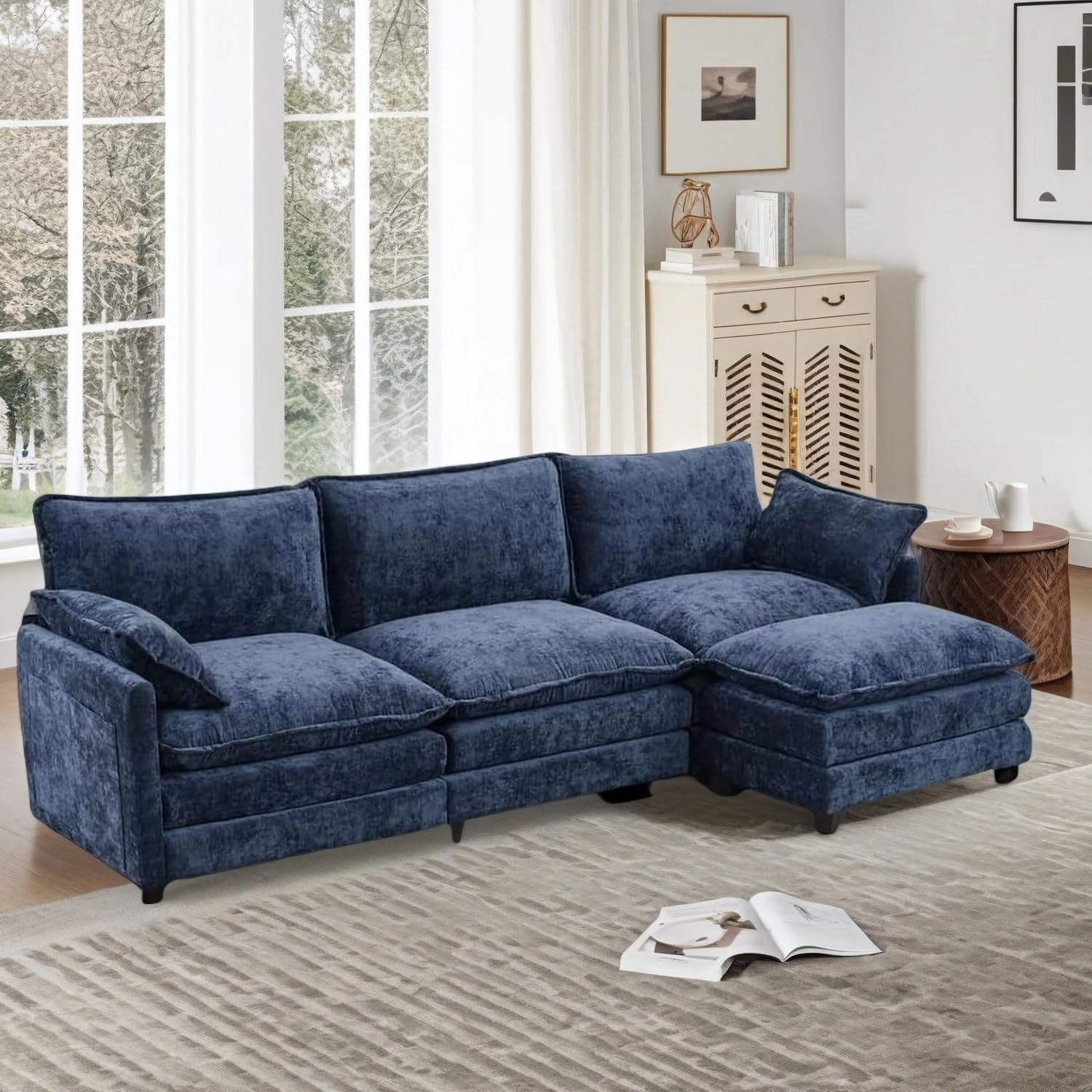 Modular Sectional Sofa, Comfy Cloud Couch with Movable Ottoman, 113" 3-Seat Convertible Couches, Deep Seat L Shaped Modular Sofa for Living Room, Apartment, Blue