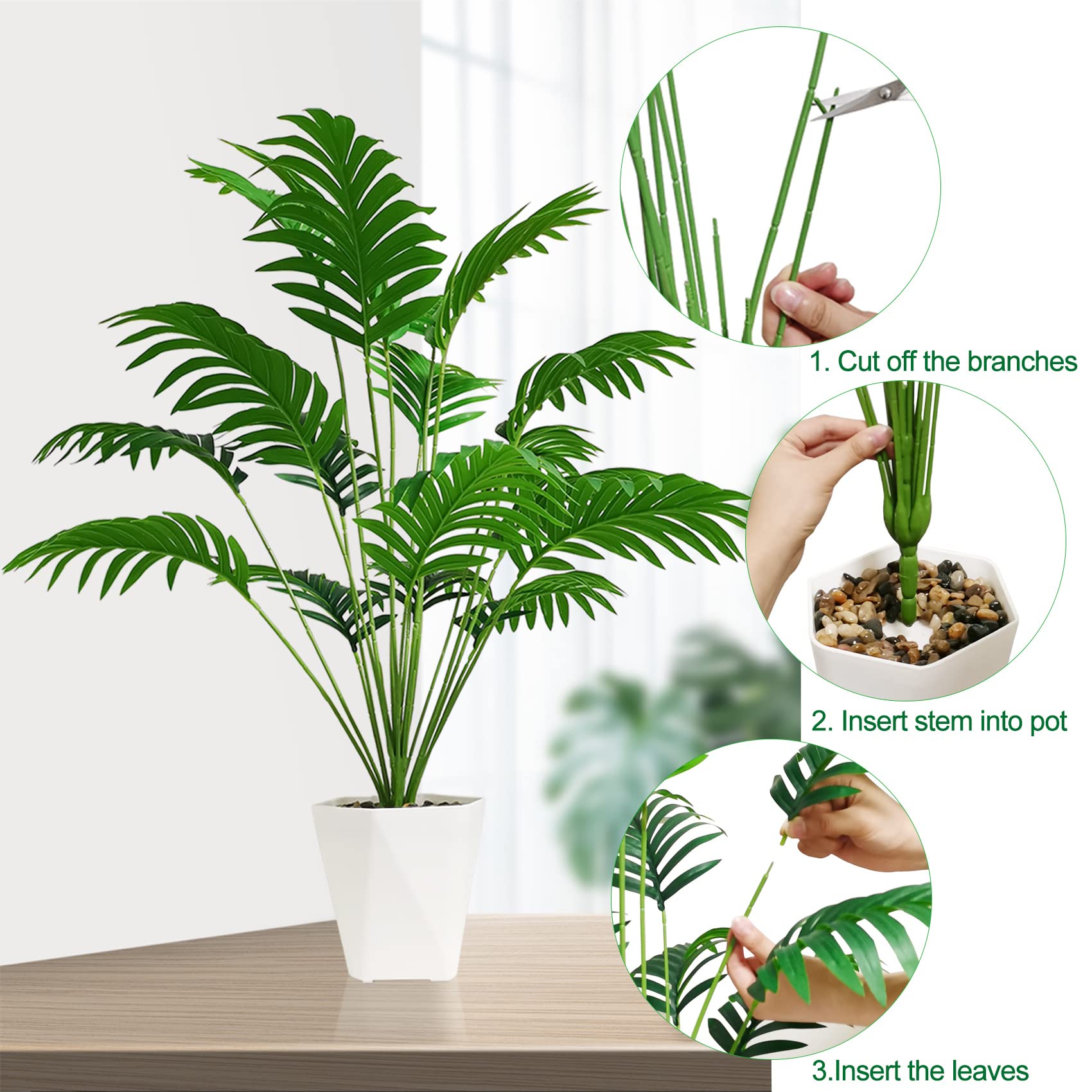 SAJANDAS Set of 2 Artificial Areca Palm Plants in Pots, 33 Inch Fake Tropical Palm Trees with Greenery Leaves and Stems, Faux Floor Plants Indoor Outdoor for Home, Office Decor