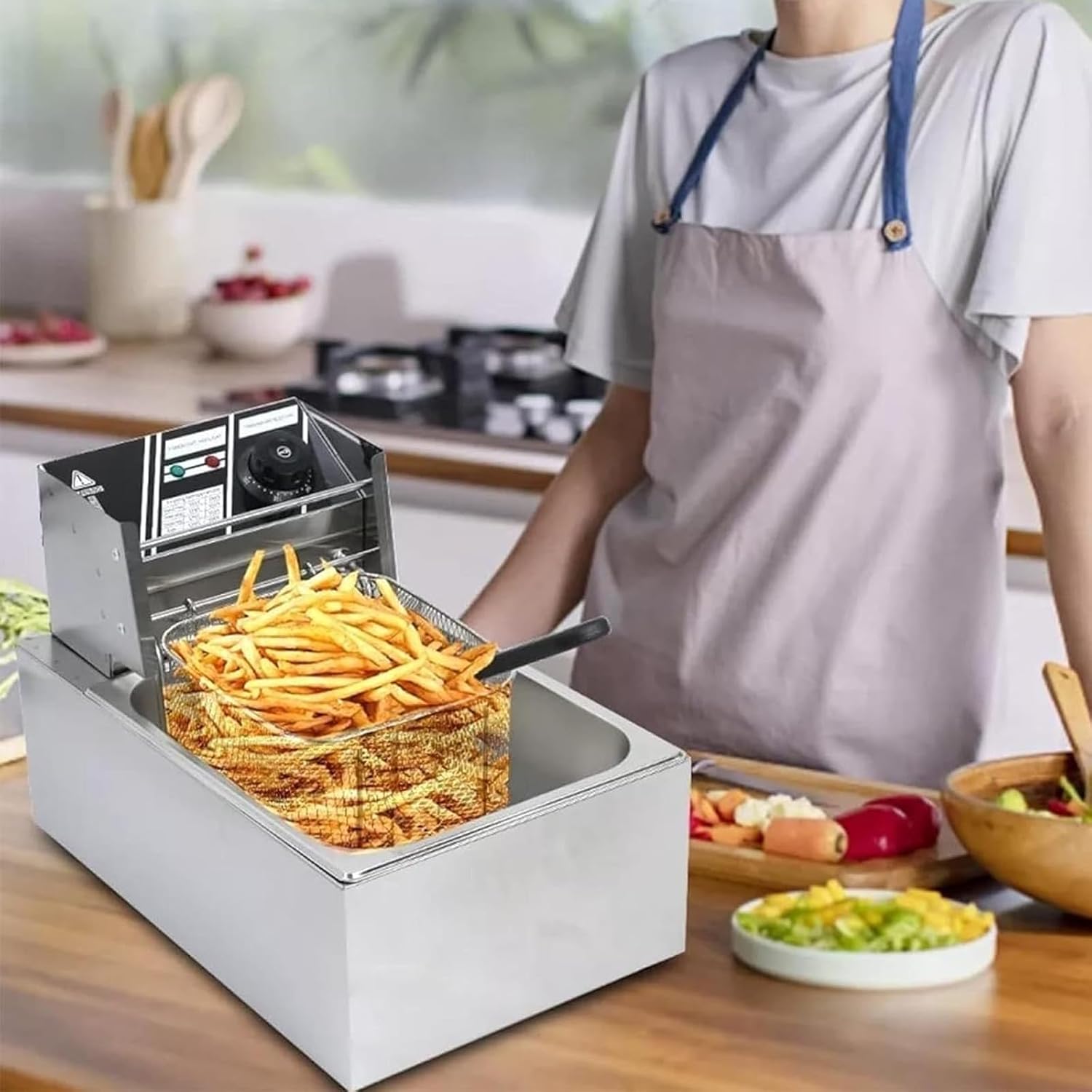 Electric Countertop Deep Fryer, Commercial Deep Fryer with Drain Basket and Lid for French Fries, Onion Rings, Fried Chicken