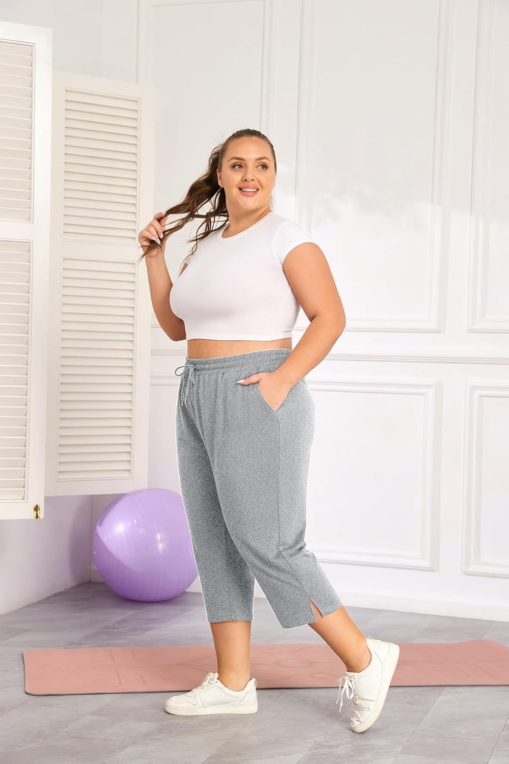 ForHailey Plus Size Capri Pants for Women Loose Fit Yoga Pants with Pockets Workout Activewear Sweatpants
