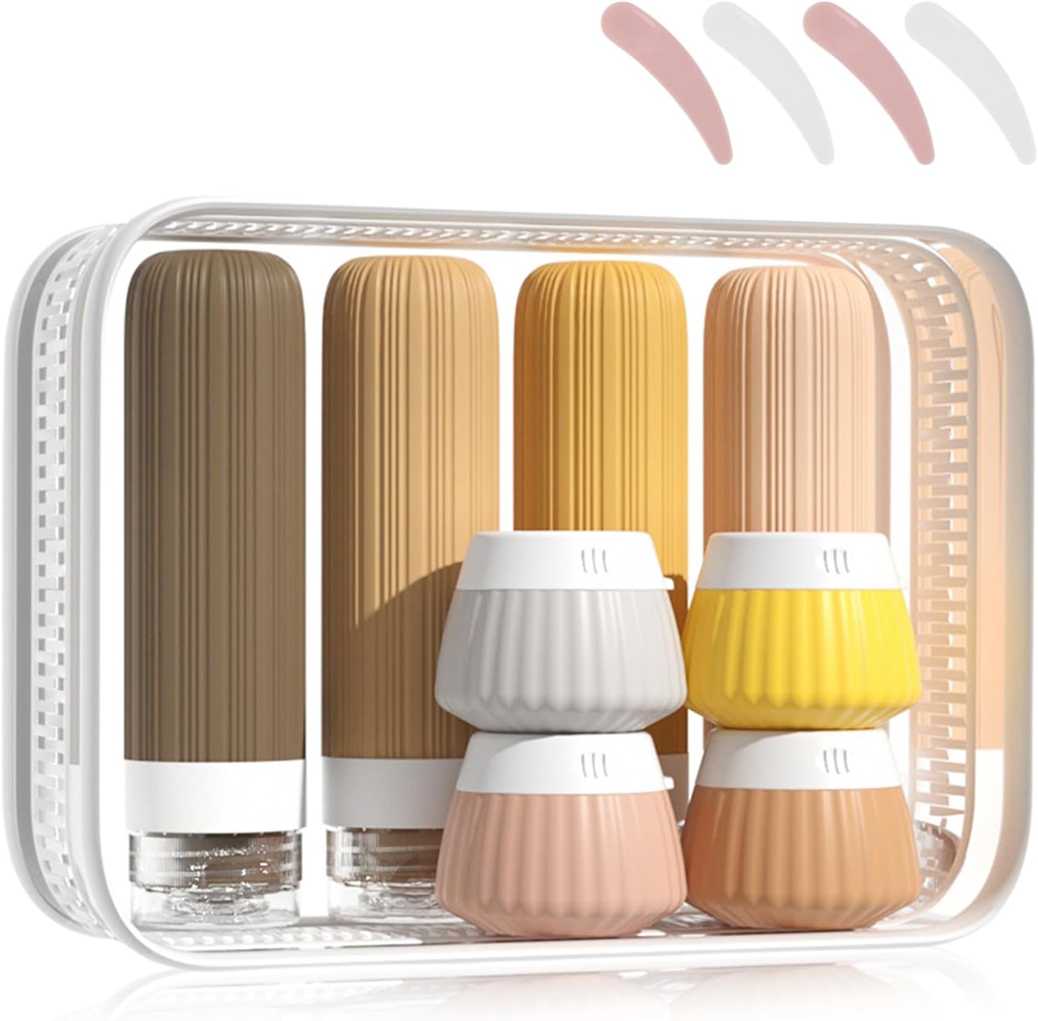 8 Pack Travel Bottles for Toiletries, Silicone Travel Bottles Set with Clear Zipper Toiletry Bag,Silicone Travel Toiletries with Lable for Shampoo Conditioner Lotion Body Wash (brown)