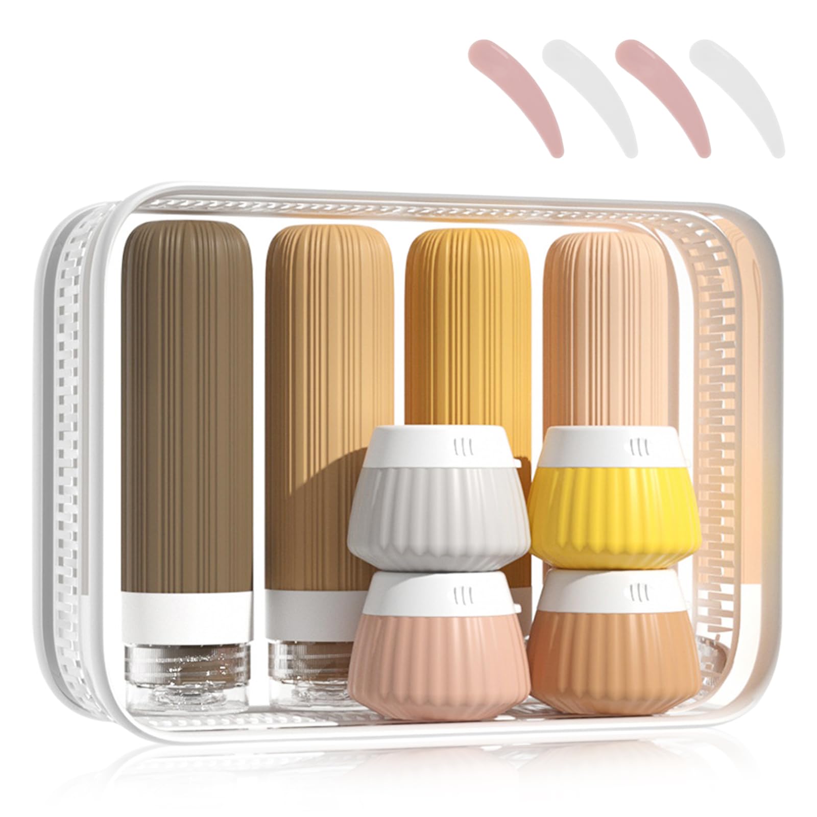 Marjoramy 8 Pack Travel Bottles for Toiletries Silicone Travel Bottles Set including Clear Zipper Toiletry Bag,Silicone Travel Toiletries with Lable for Shampoo Conditioner Lotion Body Wash (brown)