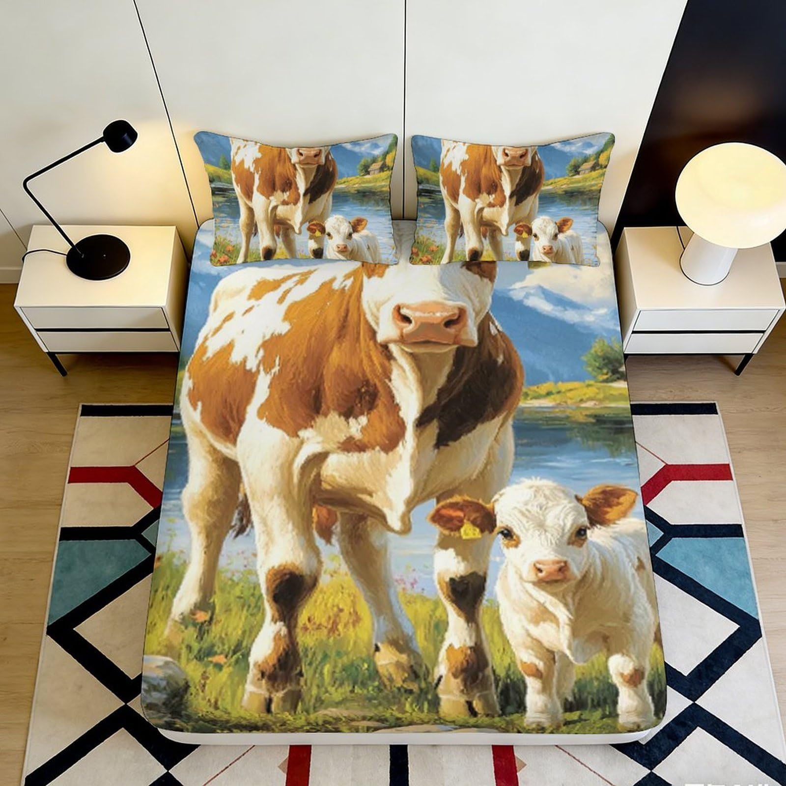 3D Printed Pastoral Cow Fitted Sheet Microfiber Soft Breathable Farm Meadow Bed Cover for Bedroom Dorm Decor 90x200x25cm