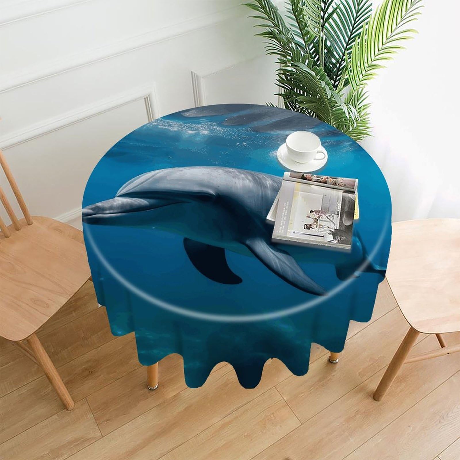 FekiLoot Dolphins in The Ocean1 Round Tablecloth Cover 60 Inch Wrinkle Free Washable Polyester Fabric Table Cover Decorative Round Table Cloth for Home Dining Kitchen Party Farmhouse