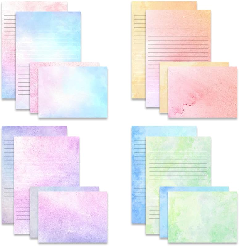 TEETOOKEA Juego de papelería de acuarela de 72 piezas con sobres, 5,5 x 8,25 pulgadas | 48 hojas rayadas y 24 sobres a juego, 8 diseños únicos, papel de papelería con impresión a doble cara para escribir cartas