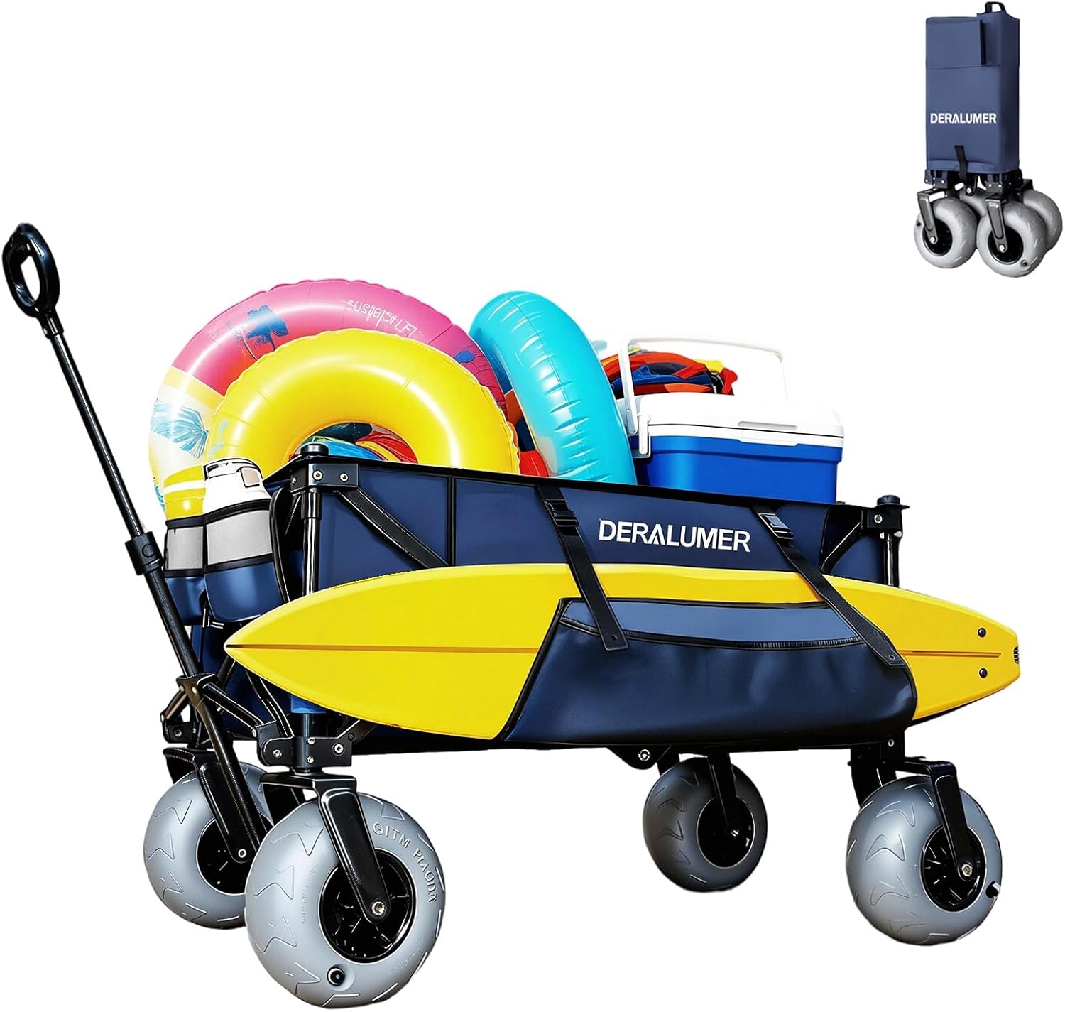 Beach Wagon with 9×4" Big Balloon Wheels for Sand, 41" Heavy Duty Folding Wagon with Side Bag, Collapsible Utility Cart for Beach, Camping, Garden & Outdoor (Navy Blue, X800 9×4" Balloon Wheels)