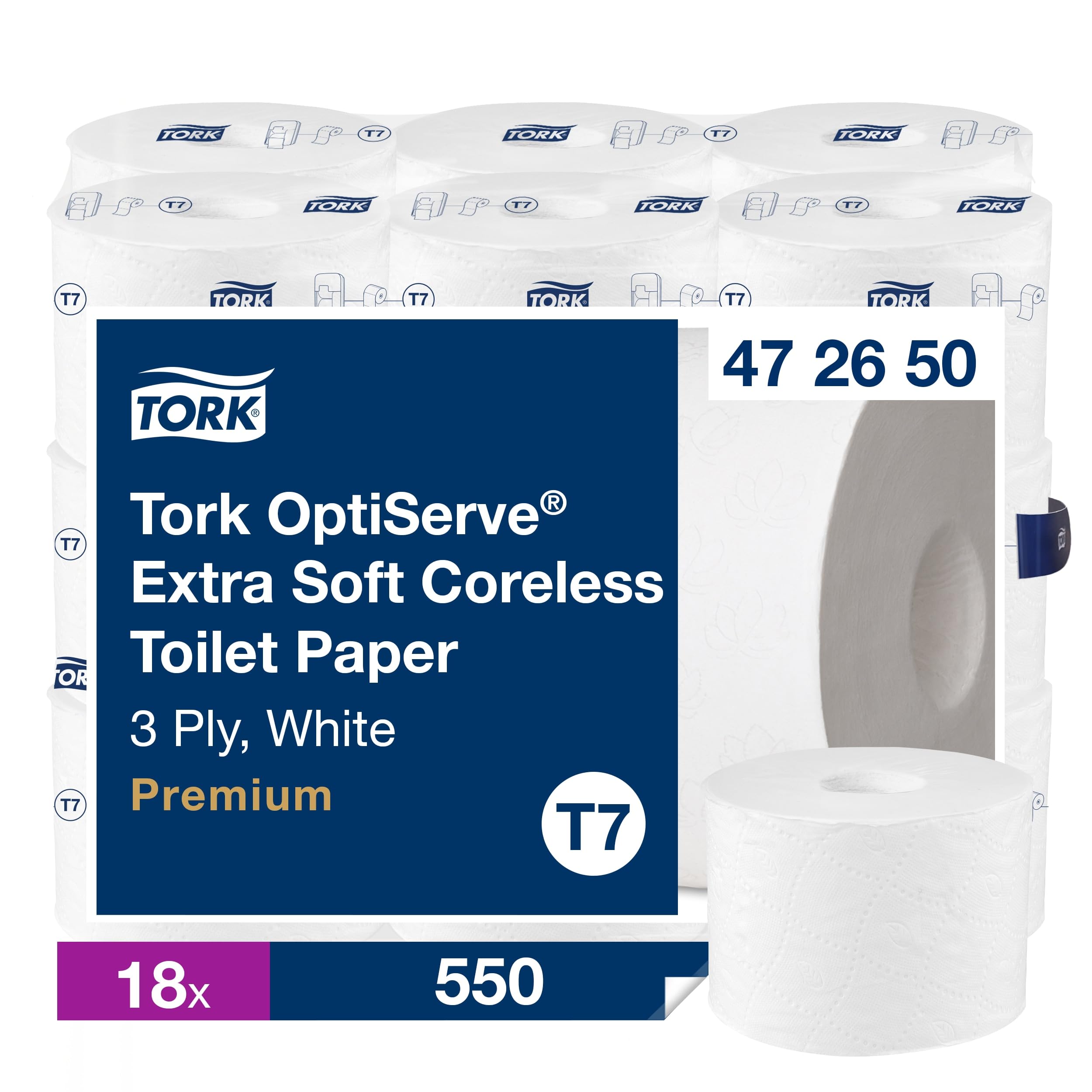 Tork OptiServe Extra Soft Sleeveless Toilet Paper White T7, Premium, 3-Ply, 18 x 550 Sheets, 472650