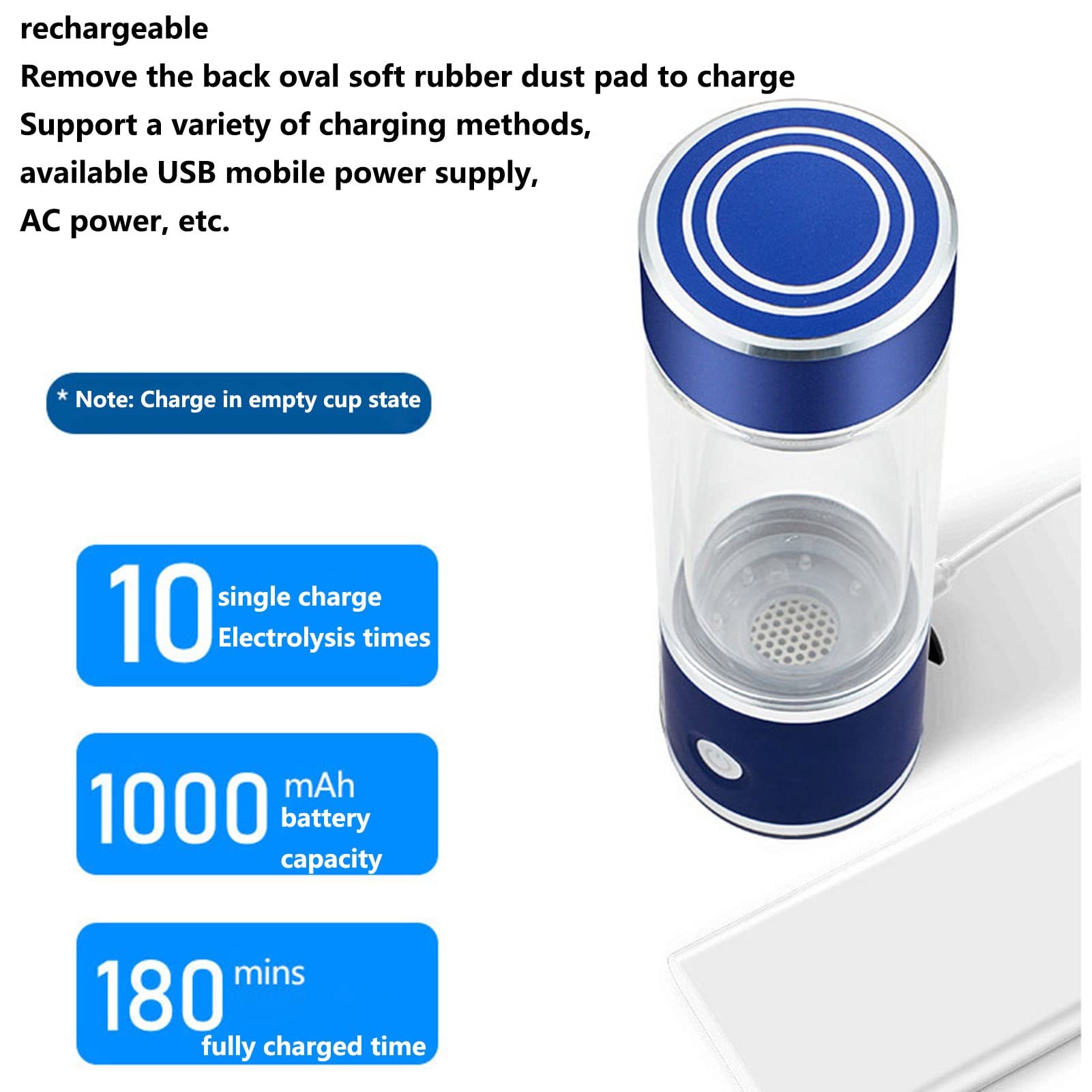 Bouteille d'eau hydrogénée alcaline, générateur d'eau Riche hydrogène, ioniseur Portable, Technologie PEM, Produit jusqu'à 1500-1800 ppb d'hydrogène 5 Minutes, 350 ML
