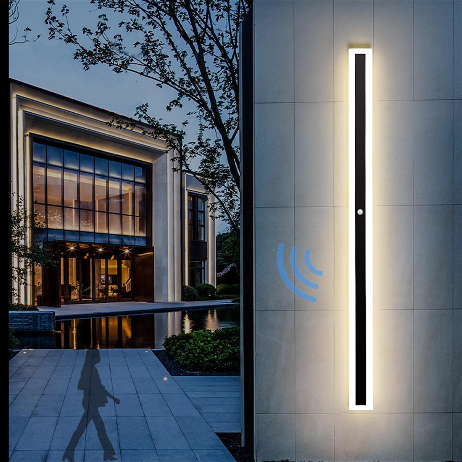 Zewnętrzna lampa ścienna LED z czujnikiem ruchu, wodoodporna IP65, czarna, nowoczesna taśma świetlna 150 cm, do przedpokoju, willi, balkonu i wnętrz, kolor naturalny