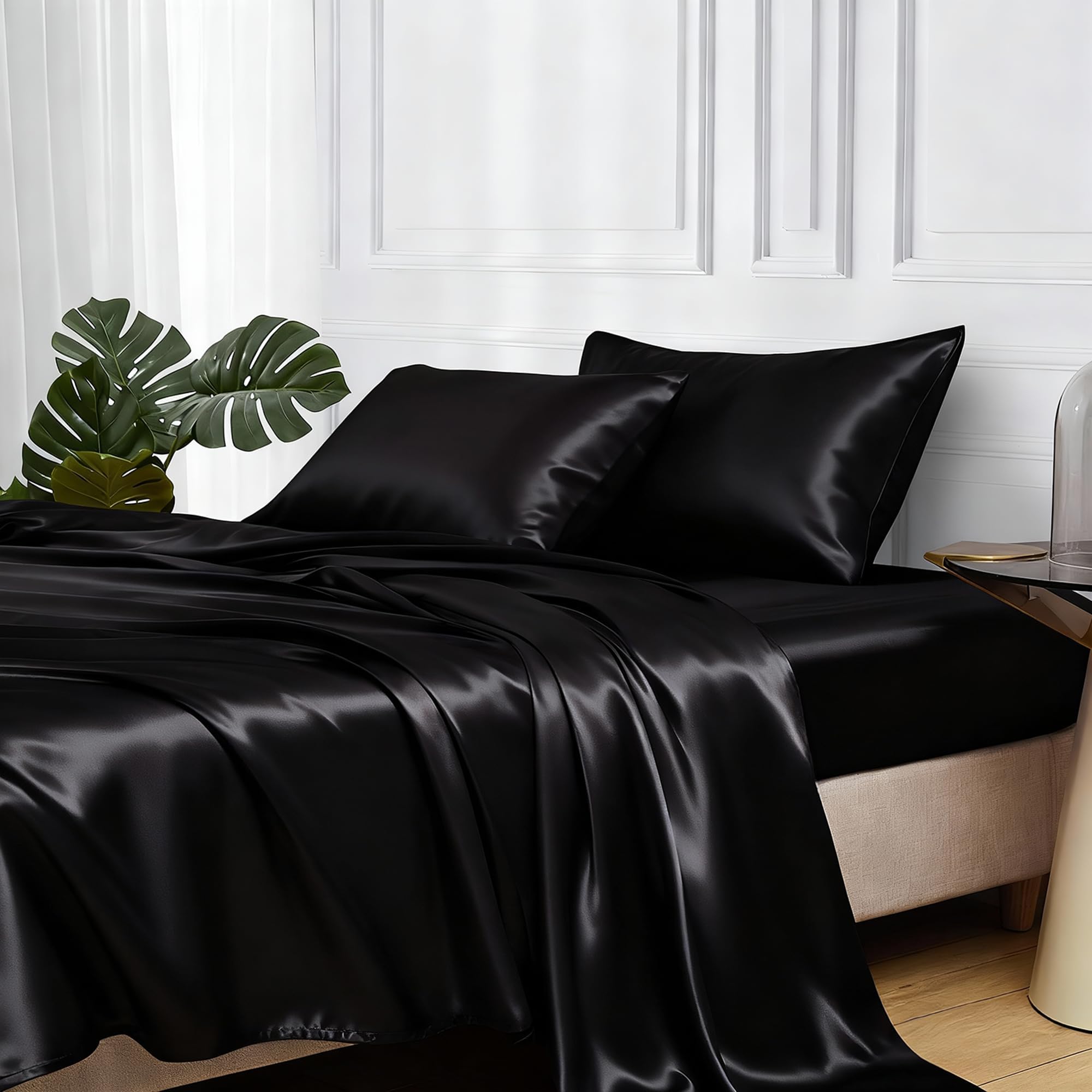 Satin Bed Sheets, Queen Size Sheets Set, 4 Pcs Silky Bedding Set with Elastic Corner Straps and 15 Inches Deep Pocket for Mattress (Queen, Black)