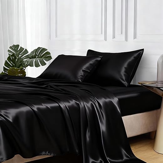 MR&HM Satin Bed Sheets, Queen Size Sheets Set, 4 Pcs Silky Bedding Set with 15 Inches Deep Pocket for Mattress (Queen, Black)
