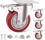 4 Inch Swivel Caster Wheels, Set of 4 Heavy Duty Load 2000lb, Orange Polyurethane Casters with Brake, No Floor Marks Locking Castor Wheels for Cart Furniture Workbench (with Hardware Kits)