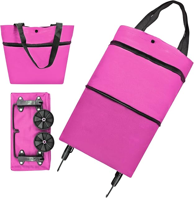 YAXIDAEVER Collapsible Trolley Bags,Shopping Trolley on Wheels,2-1 Shopping Cart for Home Supermarket, Rose