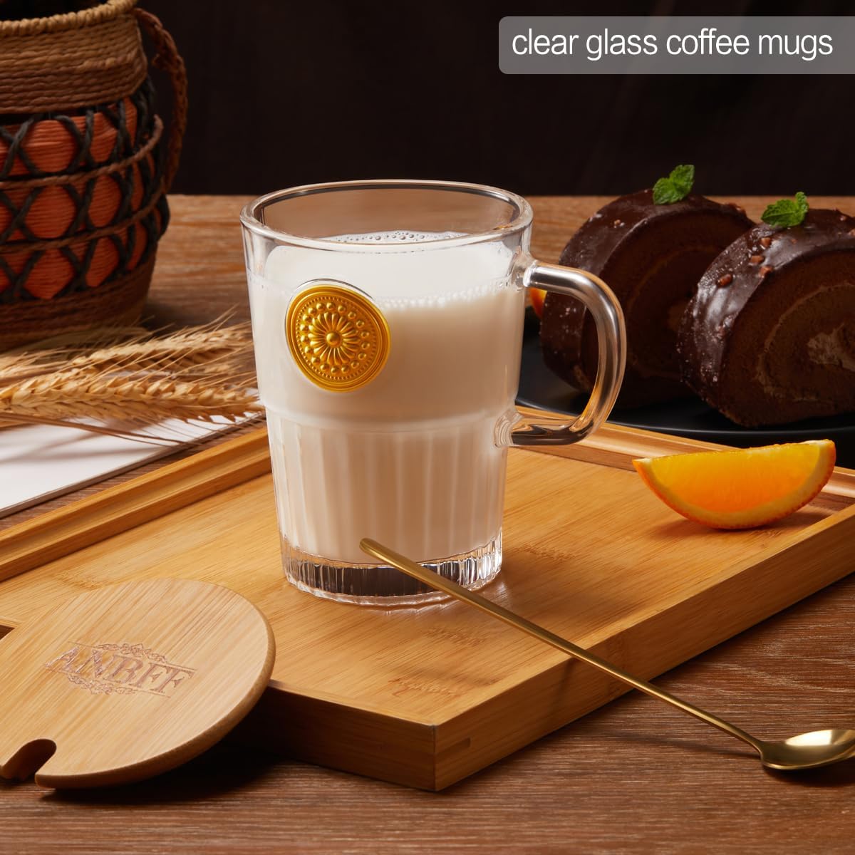 Vintage Glass Coffee Mugs Set of 2, 15oz Embossed Glass Coffee Cups with Bamboo Lids and Spoons, Handmade Clear Tea Cups with Handle and Gift Box - for Cappuccino, Latte, Milk - Image 2