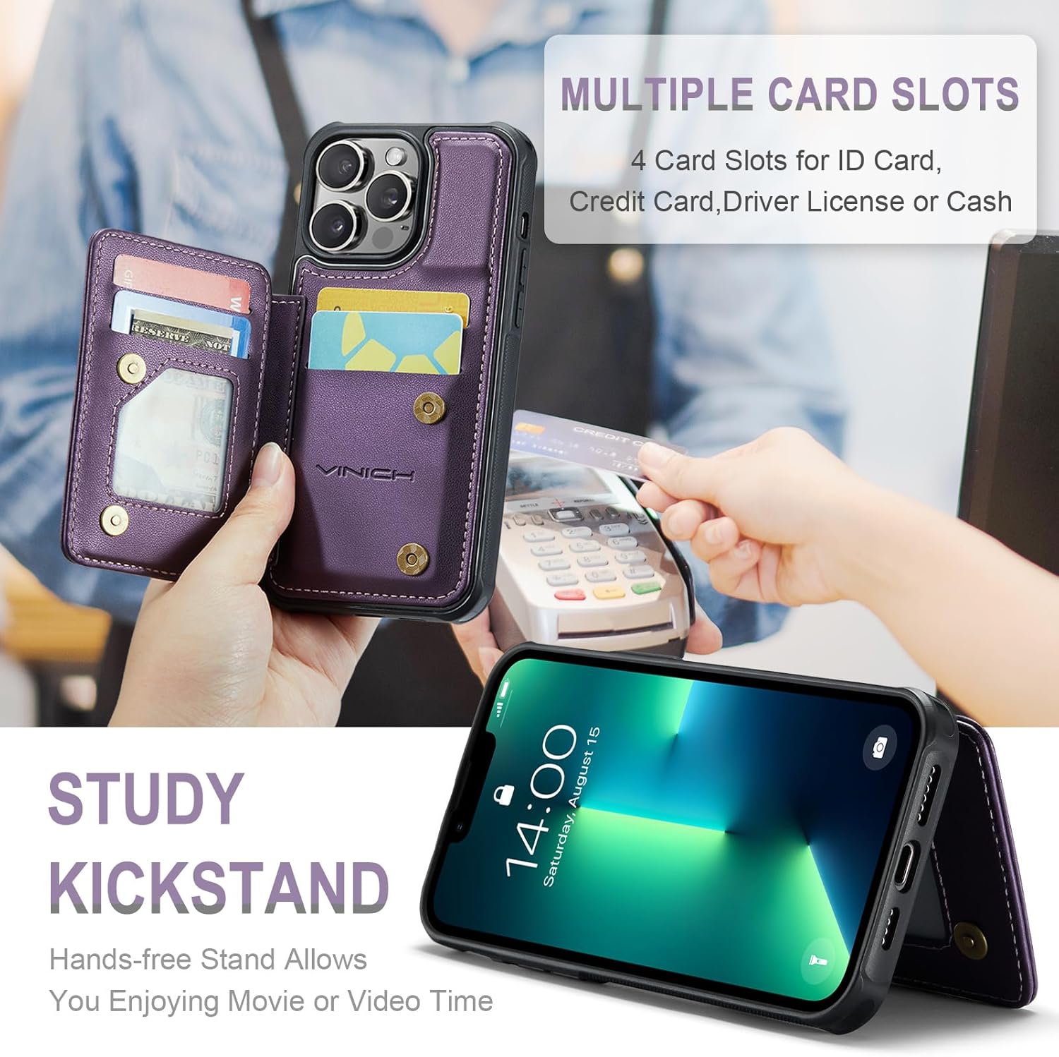 Vinich for iPhone 13 Pro Wallet Case with Card Holder, RFID Blocking Credit Slots Kickstand Shockproof Phone Cover Fit for iPhone 13 Pro 6.1" Purple - Image 4