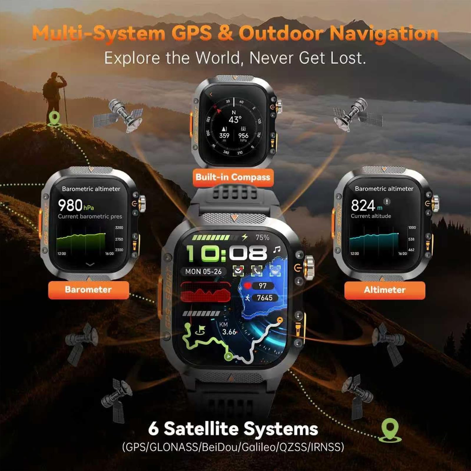 Smart watch militare con GPS integrato, smart watch tattico per iPhone/Android, oltre 100 modalità sportive con torcia, schermo da 2 pollici, Bluetooth, bussola, altimetro, frequenza cardiaca/spo2