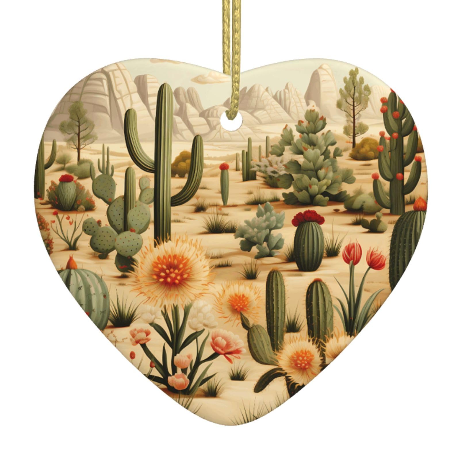 Cactus and Other Patterns Christmas Ornament 2025 Heart Ceramic Hanging Ornaments for Home Decor Christmas Decorations with Gold Rope Double-Sided Xmas Tree Ceramic Hanging for Holiday Party