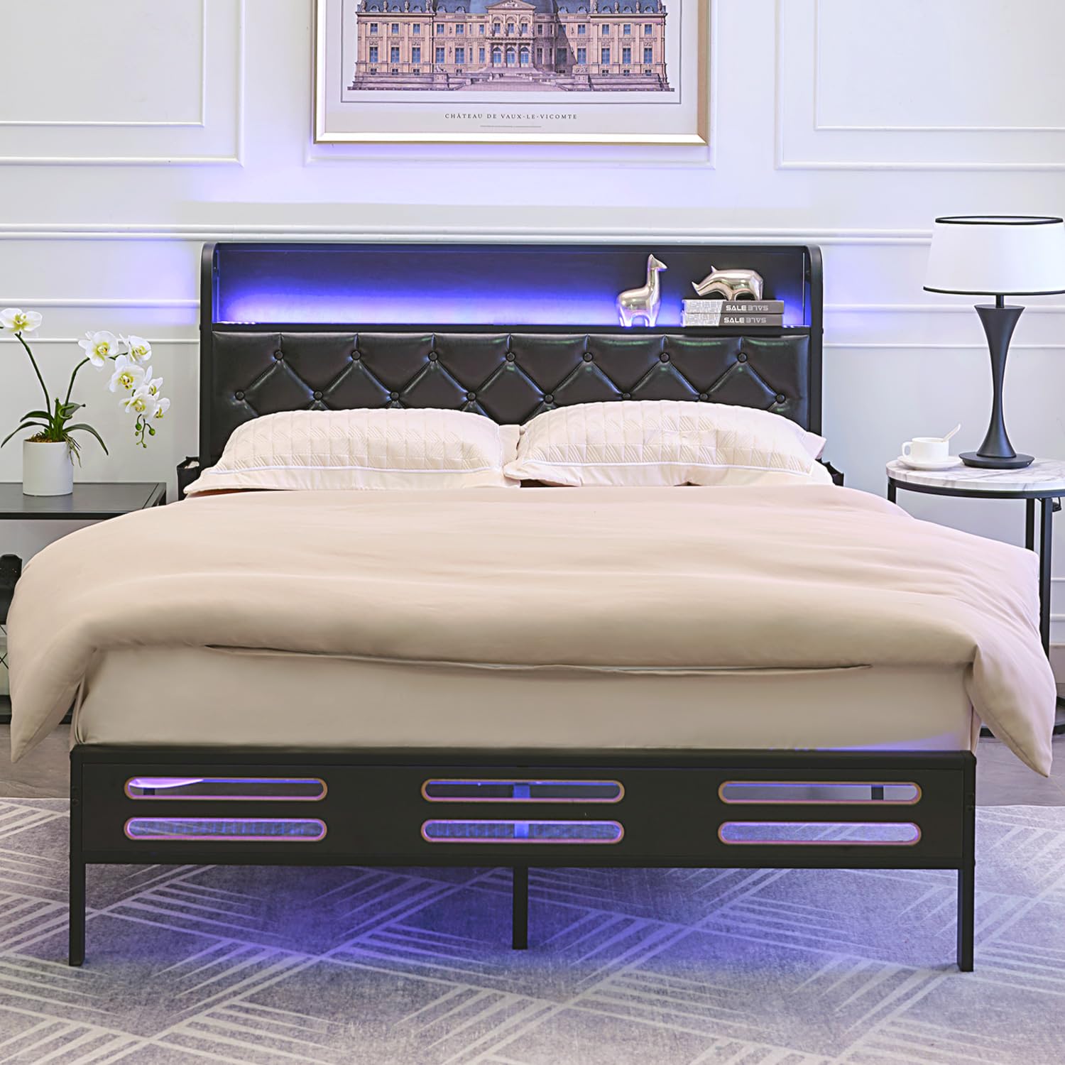 ALEAVICQueen Bed Frame with Charging Station and LED Lights, Platform Queen Bed with Upholstered Storage Headboard, 13 Heavy Duty Metal Slats, No Box Spring Needed, Noise Free, Easy Assembly, Black
