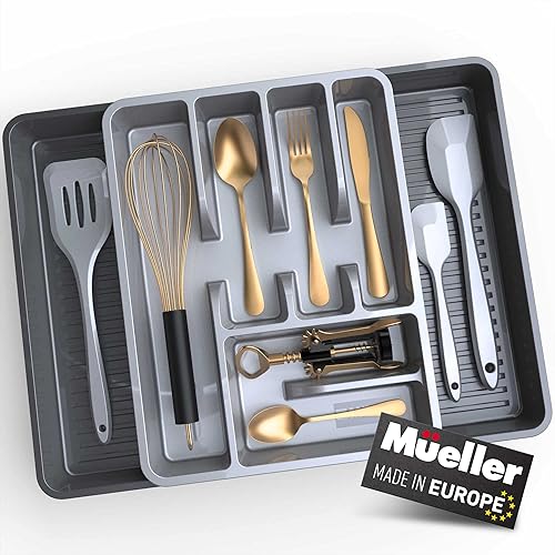 Mueller - Organizador de cubiertos para cajón de cocina, 19.7 x 15 pulgadas, expandible, 6 compartimentos, resistente, bandeja de cubiertos para