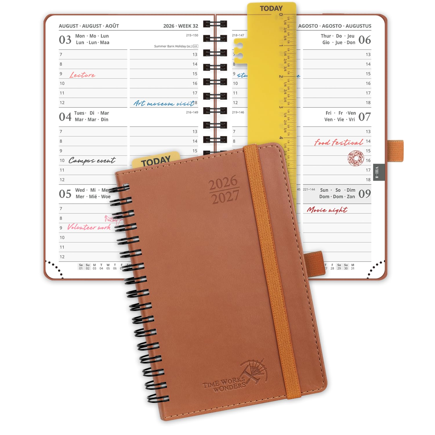 POPRUN Academic Pocket Diary 2026-2027 A6 (16x10.5 cm) Week to View Soft Cover Spiral 17 Months (Aug'26 - Dec'27) Small for Bag,Mid Year Weekly PU Leather Planner(Brown)
