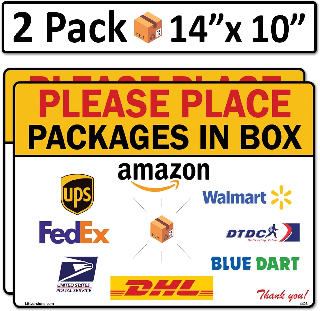 2 Pack 10"x14" Package Delivery Sign for Home, Office, Box, Front door, Porch Self-Adhesive "Place Packages in Box" Waterproof Sign for UPS, FedEx, Amazon, USPS, DHL Decal