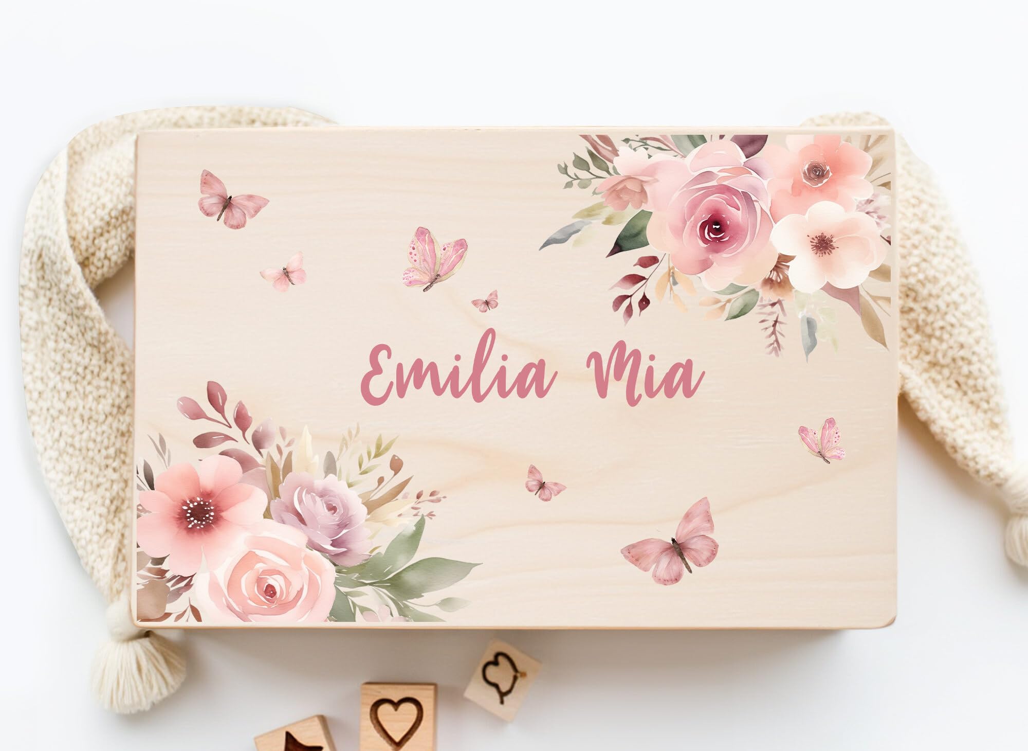 Little Deco Baby Erinnerungskiste mit Blumen | L - 40 x 30 x 22 cm - Design 1 | Personalisierte Erinnerungsbox für Mädchen, Holzkiste Baby Box Geschenk zur Geburt, Taufe & Geburtstag XHL1038-1-L