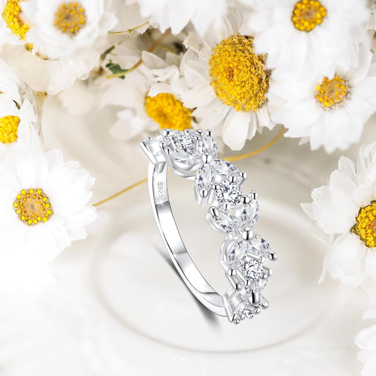 Birth Flower Ring For Women, Sterling S925 Silver Birthstone Ring For Mother Daughter, Dainty Daisy Flower Ring - Image 3