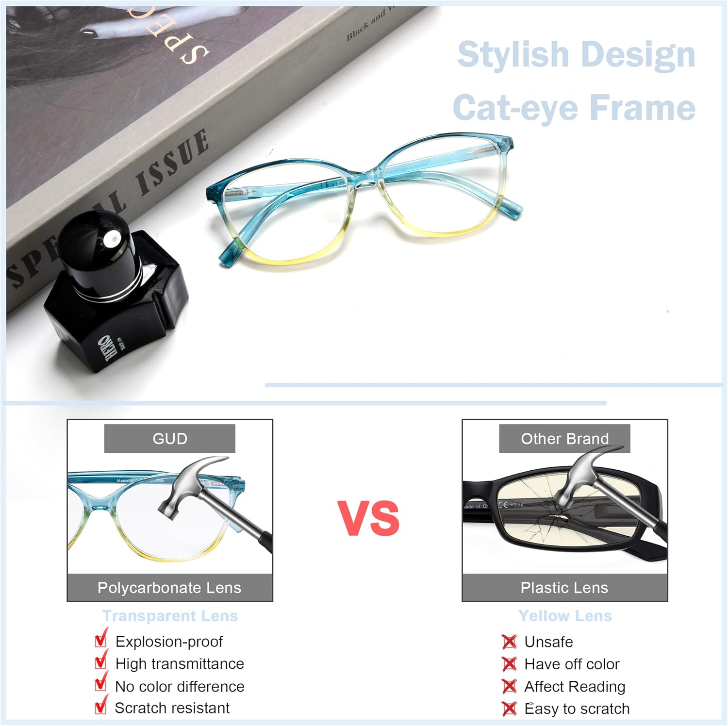 GUD Large Reading Glasses Women 5 Pairs Ladies Readers Cat-eye Eyeglasses Reading