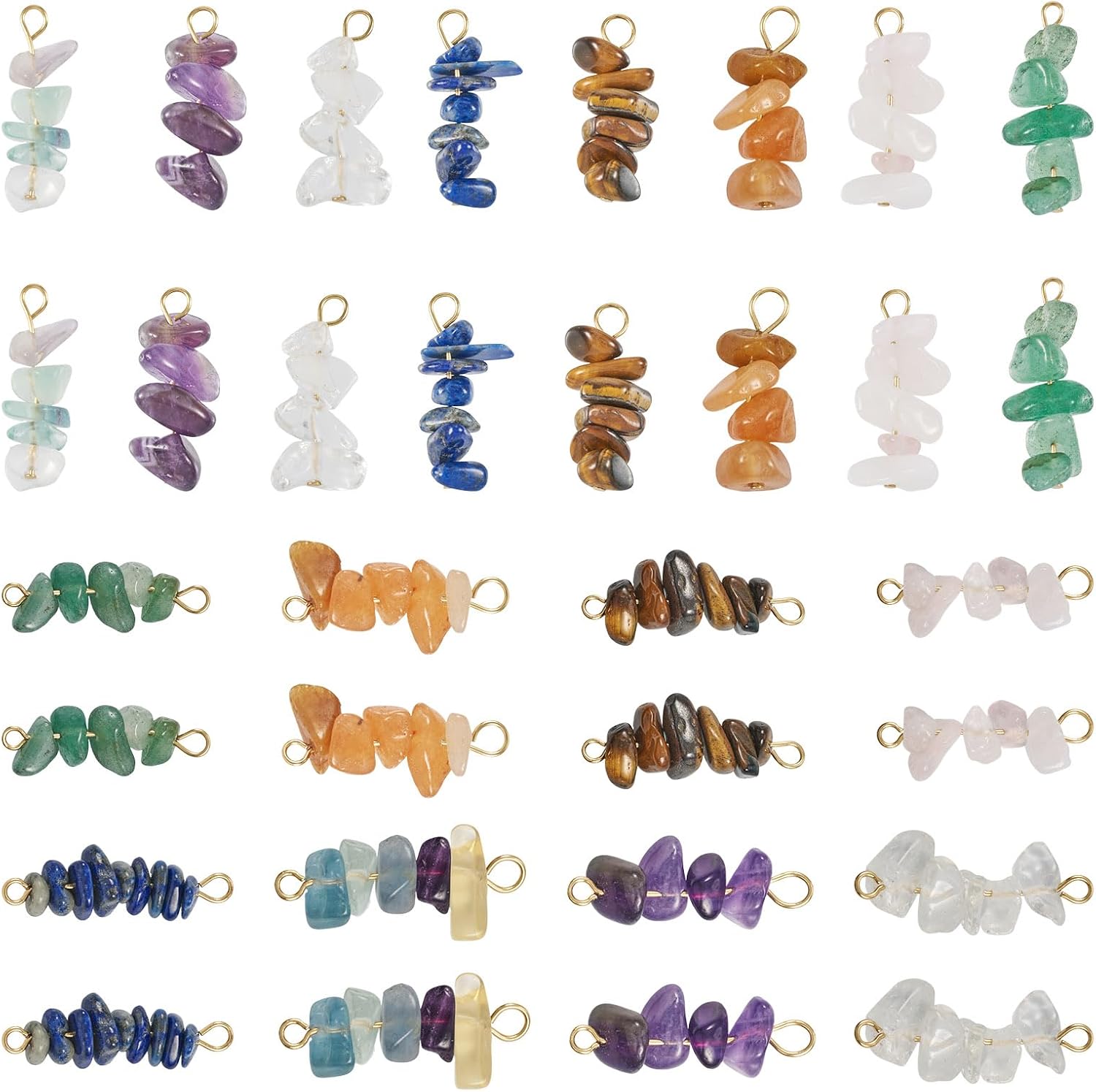 32Pcs Natural Gemstone Chips Connector Charms Mixed Color Crystal Stone Link Pendants 23-30mm 16 Styles for Bracelet Necklace Earring Jewelry Making DIY Craft Home Decor