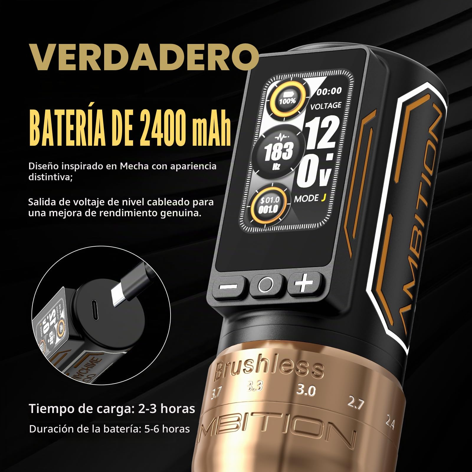 Ambition Maquina de Tatuarr Inalámbrica - Ninja Max 280 con Motor Brushless 280 g·cm, 7 Niveles de Carrera Ajustable (2.4-4.5mm), Dual Batería 2400mAh, Empuñaduras 54mm & 32mm para Profesionales