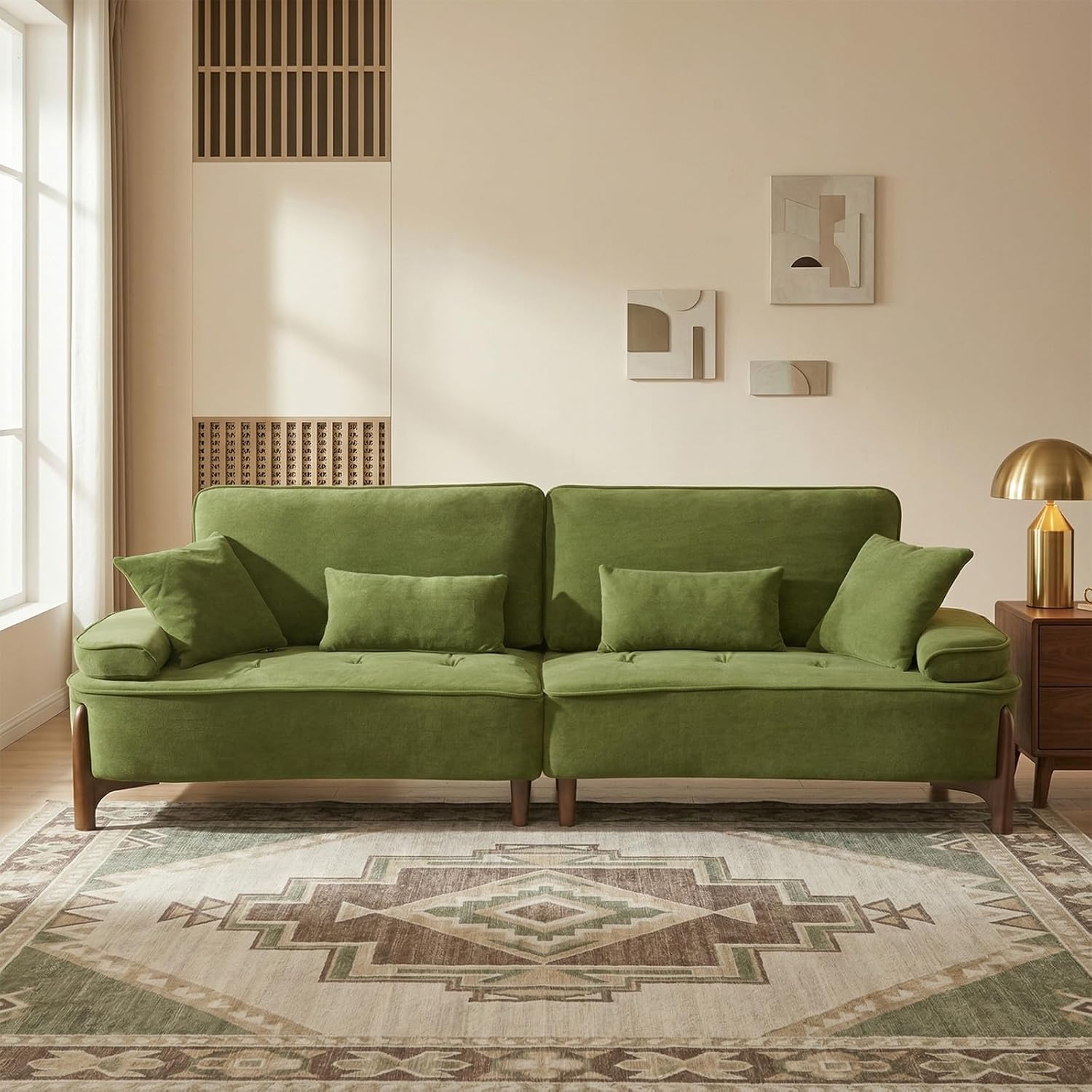 103" Oversized Loveseat with 4 Pillows for Living Room, Sturdy Solid Wood Frame Sofa, Mid-Century Modern Couch (Green) | extra deep seat, high-density cushion, solid wood frame