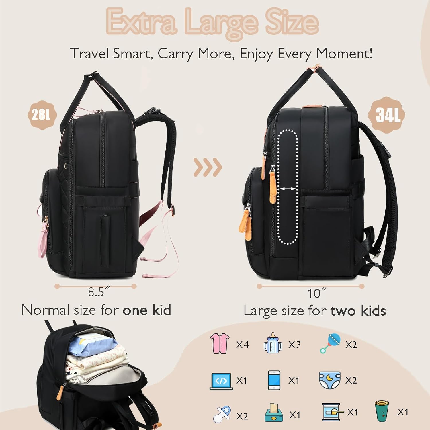 18 Pockets Diaper Bag Backpack with Waterproof Pockets and Stroller Buckle, Convertible Tote Bag (XL Black, Extra Large) Xl Black Extra-large image 2 of 8 B0F335Y269