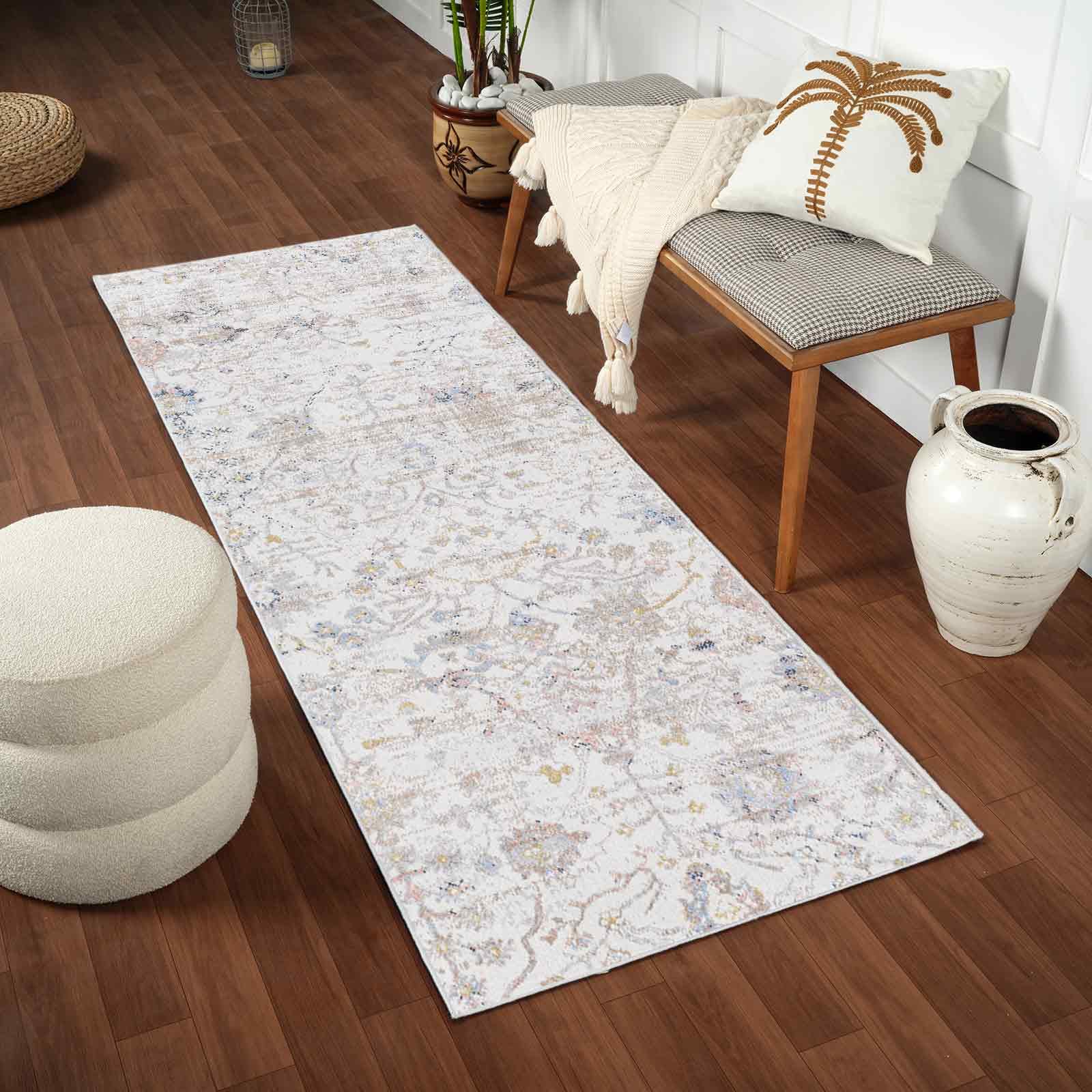 Livabliss Djanet Machine Washable Rug - Vintage Runner Rugs Living Room, 80x220 cm - Traditional Boho Rug Style, Dining Room, Kitchen, Outdoor, Hallway - Ivory, Brown, Grey, Blue Rug