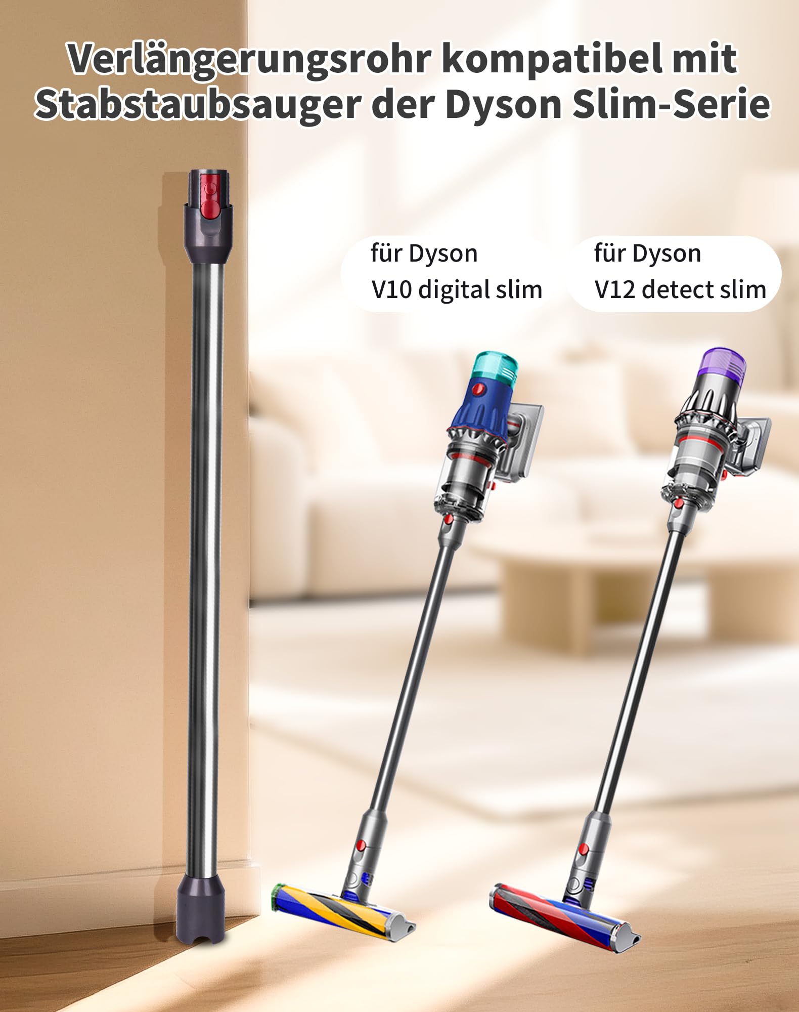 Verlängerungsrohr für Dyson V12 Detect Slim / V10 Digital Slim Stabstaubsauger, 74 cm Aluminium Teleskoprohr mit Schnellspanner – Ersatz Saugrohr Zubehör