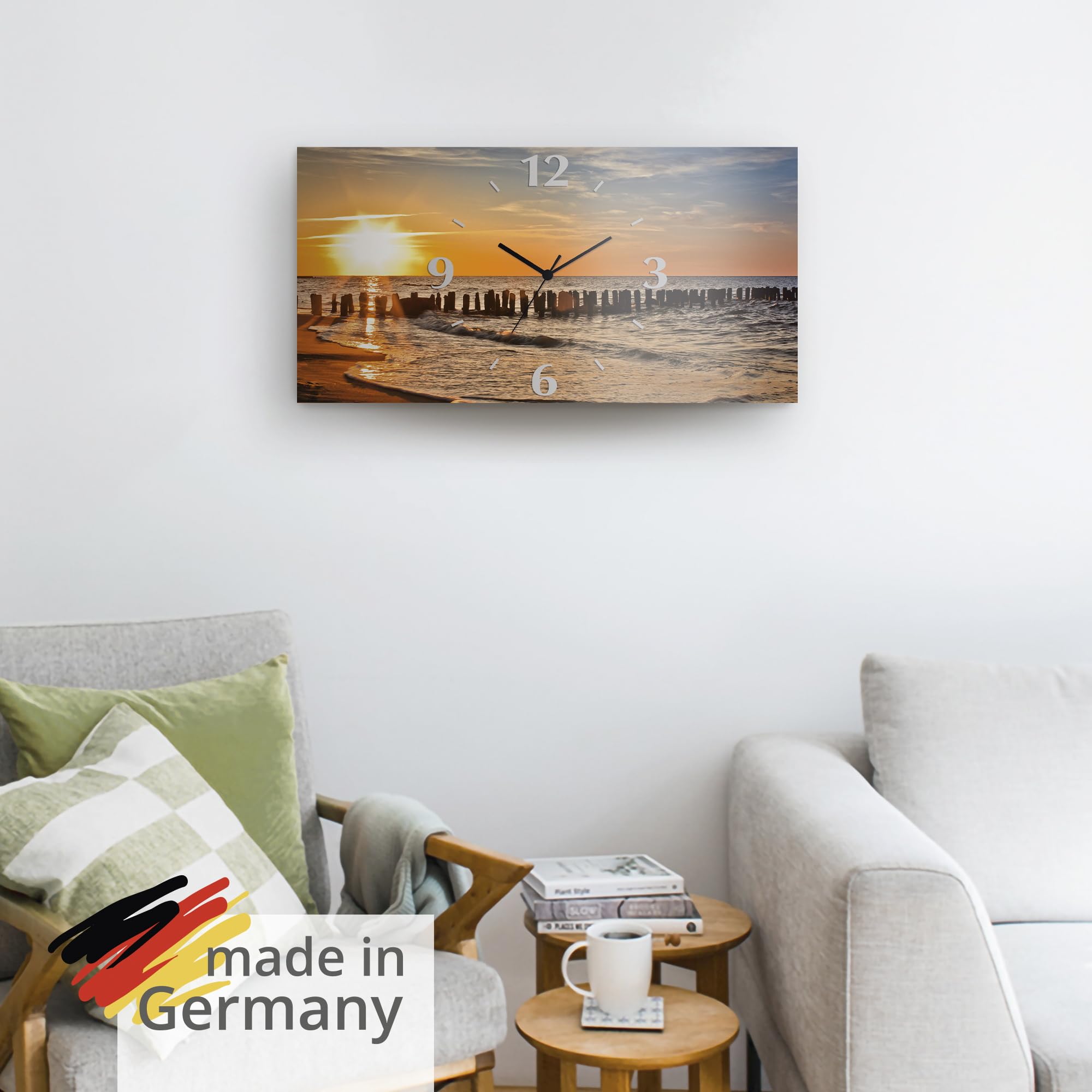 ARTLAND Wanddeko Wanduhr ohne Tickgeräusche Alu Quarzuhr 50x25 cm Rechteckig Lautlos Strand Meer Sonnenuntergang Sonne Urlaub Maritim T3ZU