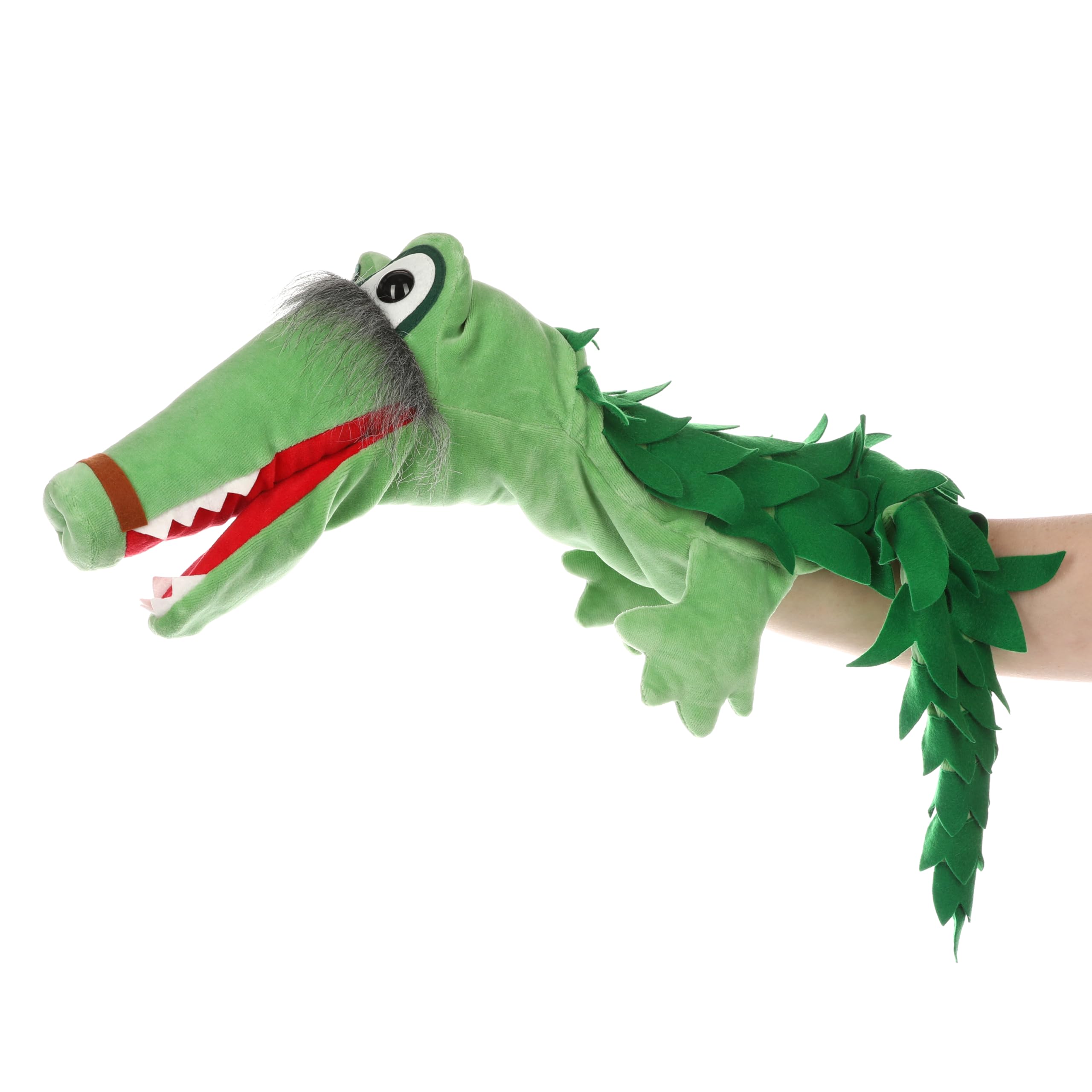 Handpuppe Drache Dagobert – 80 cm – Textilhandpuppe mit Kulleraugen & großem Maul – Handgefertigt – Urania Puppentheater Lizenz