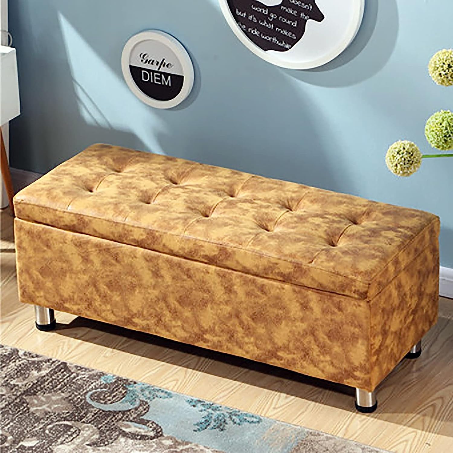 Banc de rangement en similicuir rectangulaire et tabouret de salon